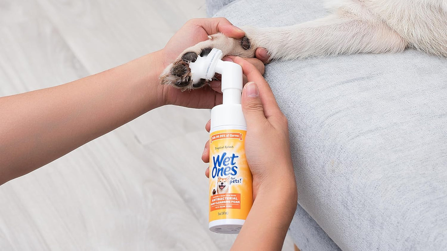 Wet Ones Limpiador Antibacterial de Patas para Perros | Espuma con Cepillo Integrado, Aroma Tropical Splash | 150 ml