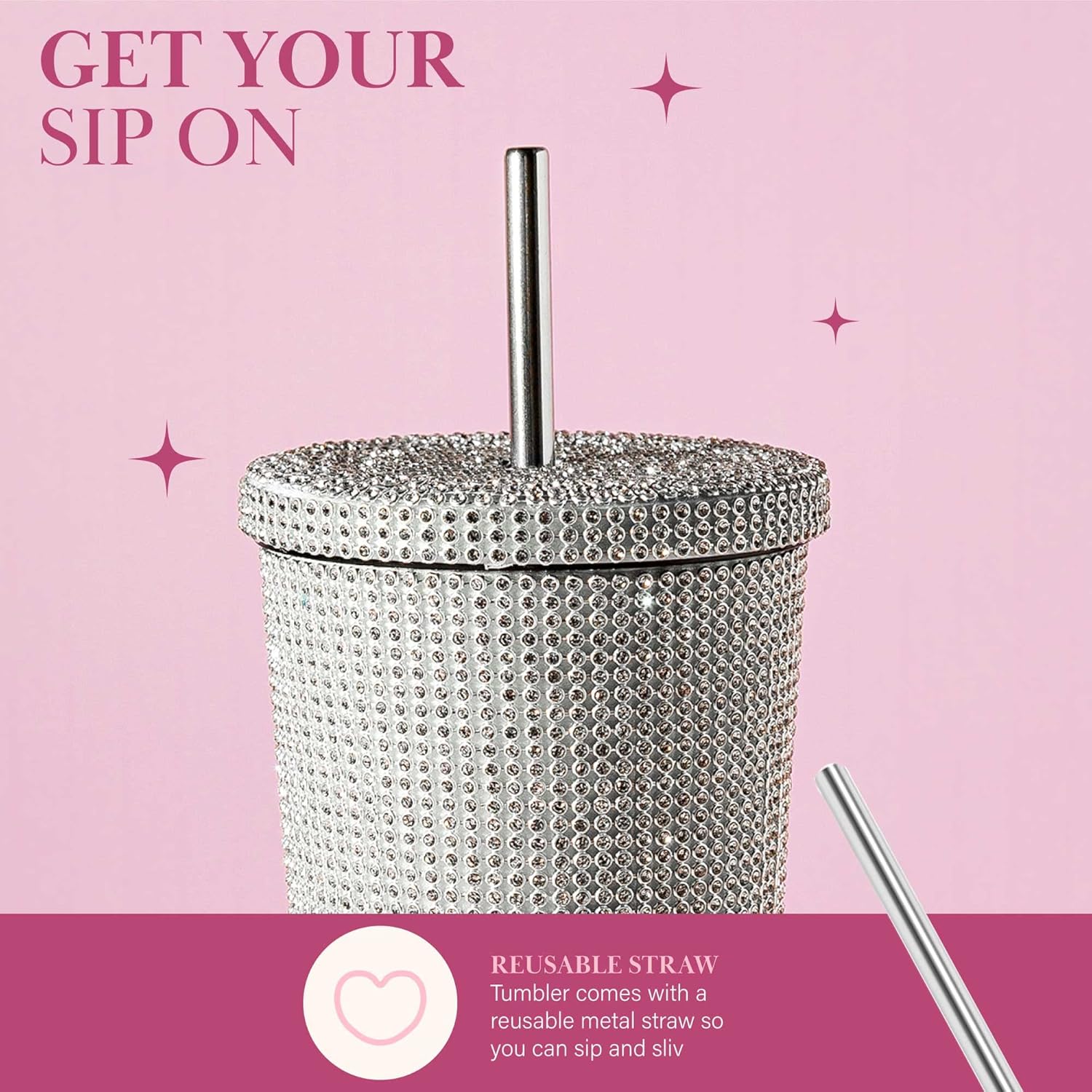 Original Paris Hilton Diamond Bling | Vaso de agua con tapa y popote | Acero inoxidable aislado al vacío | 3700 diamantes de imitación | 500 ml | Color: plateado