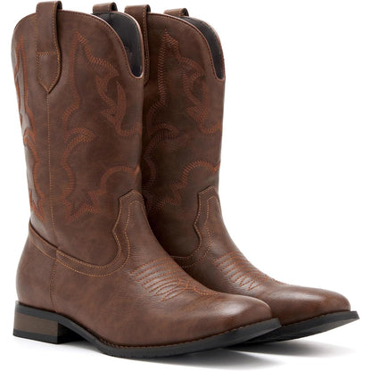 Botas vaqueras clásicas bordadas para hombre | Botas occidentales antideslizantes con punta cuadrada y tacón grueso