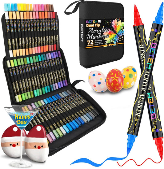 Marcadores de pintura acrílica | Punta doble | 72 colores | Punta de pincel y punta fina | suministros de arte para madera, lienzo, piedra, vidrio