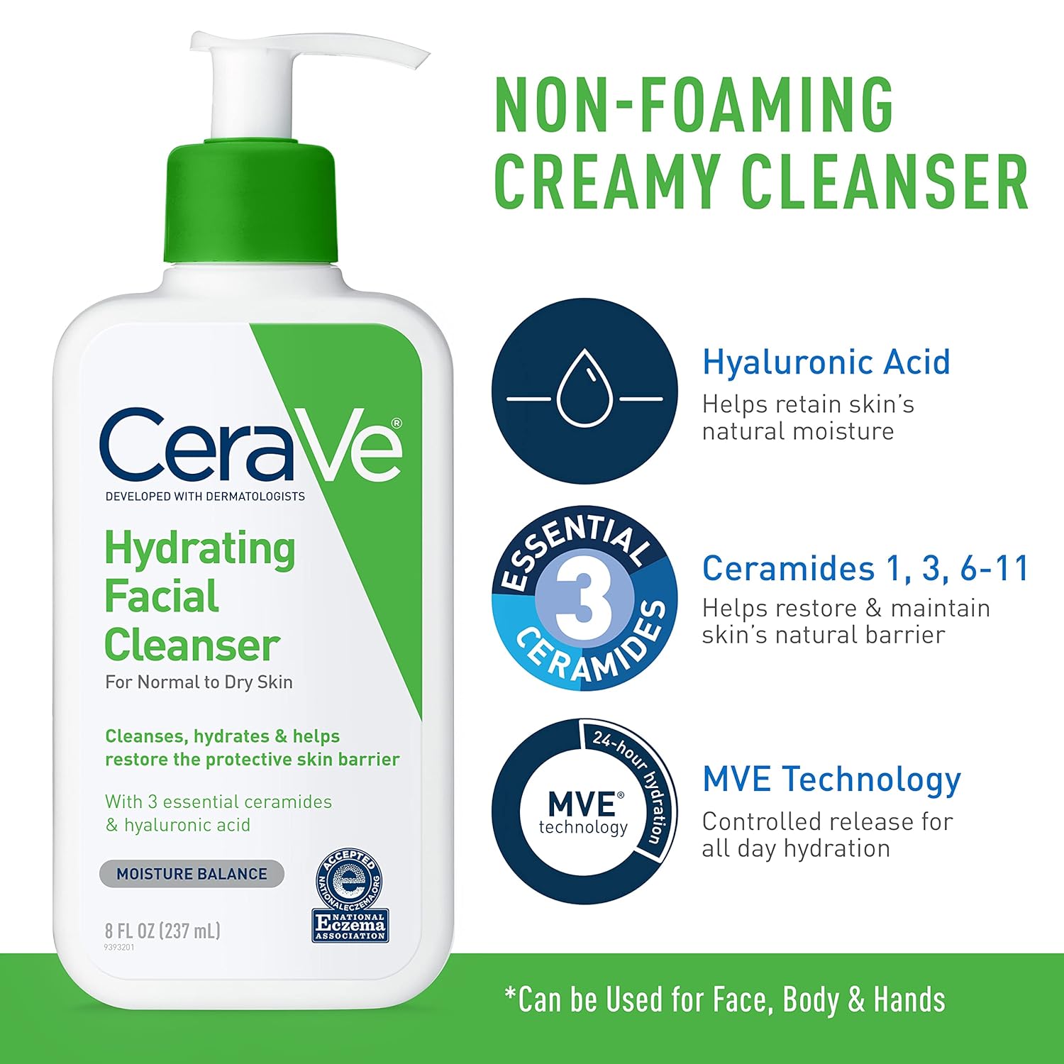 CeraVe Set Hidratante | Crema 8 oz + Limpiador Facial 8 oz – Ácido Hialurónico + 3 Ceramidas | Aprobado por NEA | Sin Fragancia