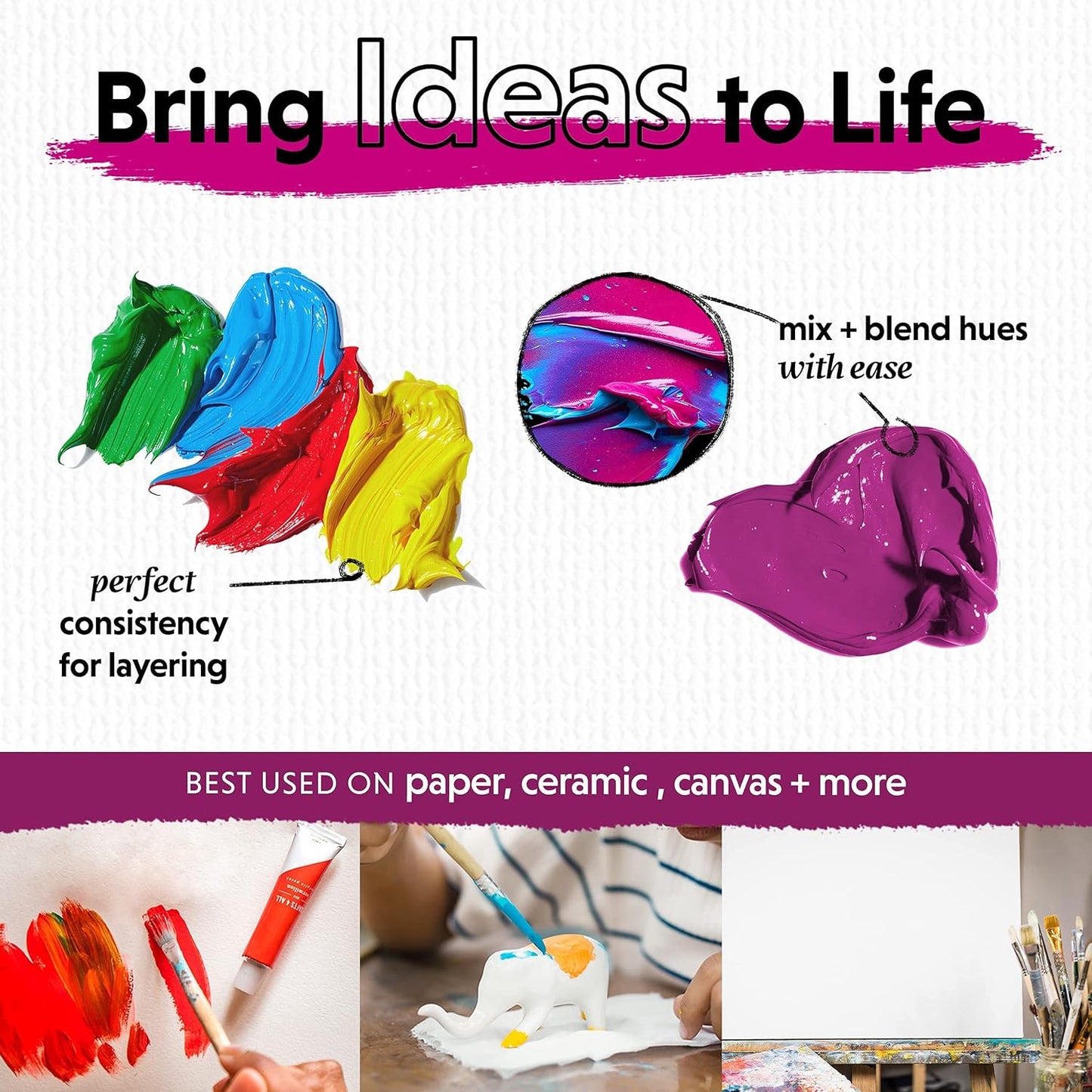 Kit de pintura | 12 acrílicos + 3 pinceles artísticos | Para niños y adultos