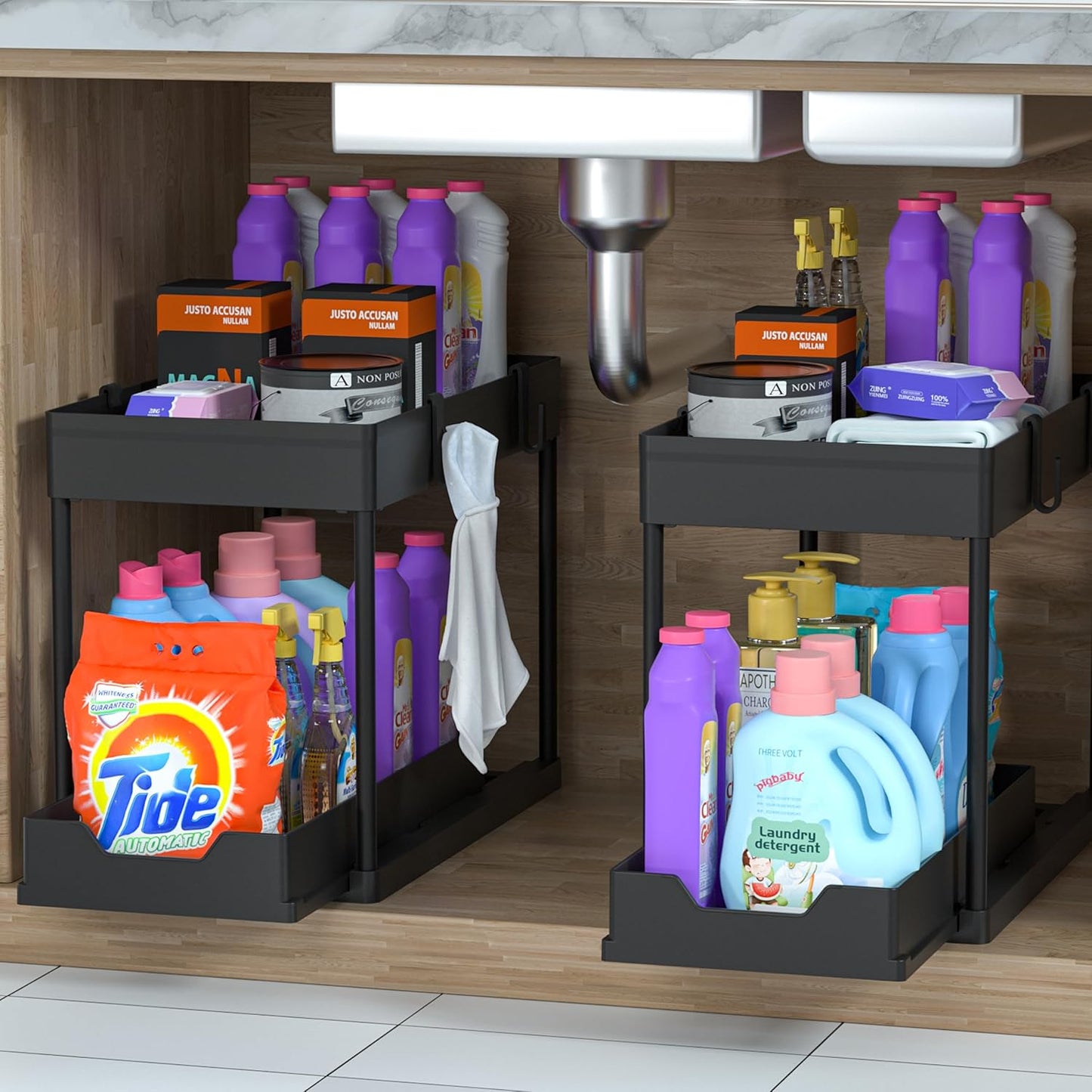 Organizador para debajo del fregadero | 2 unidades | Organizador de gabinete de baño | 2 niveles deslizantes para gabinete organizador | Cestas multiusos de colección para cocina o bañobaño