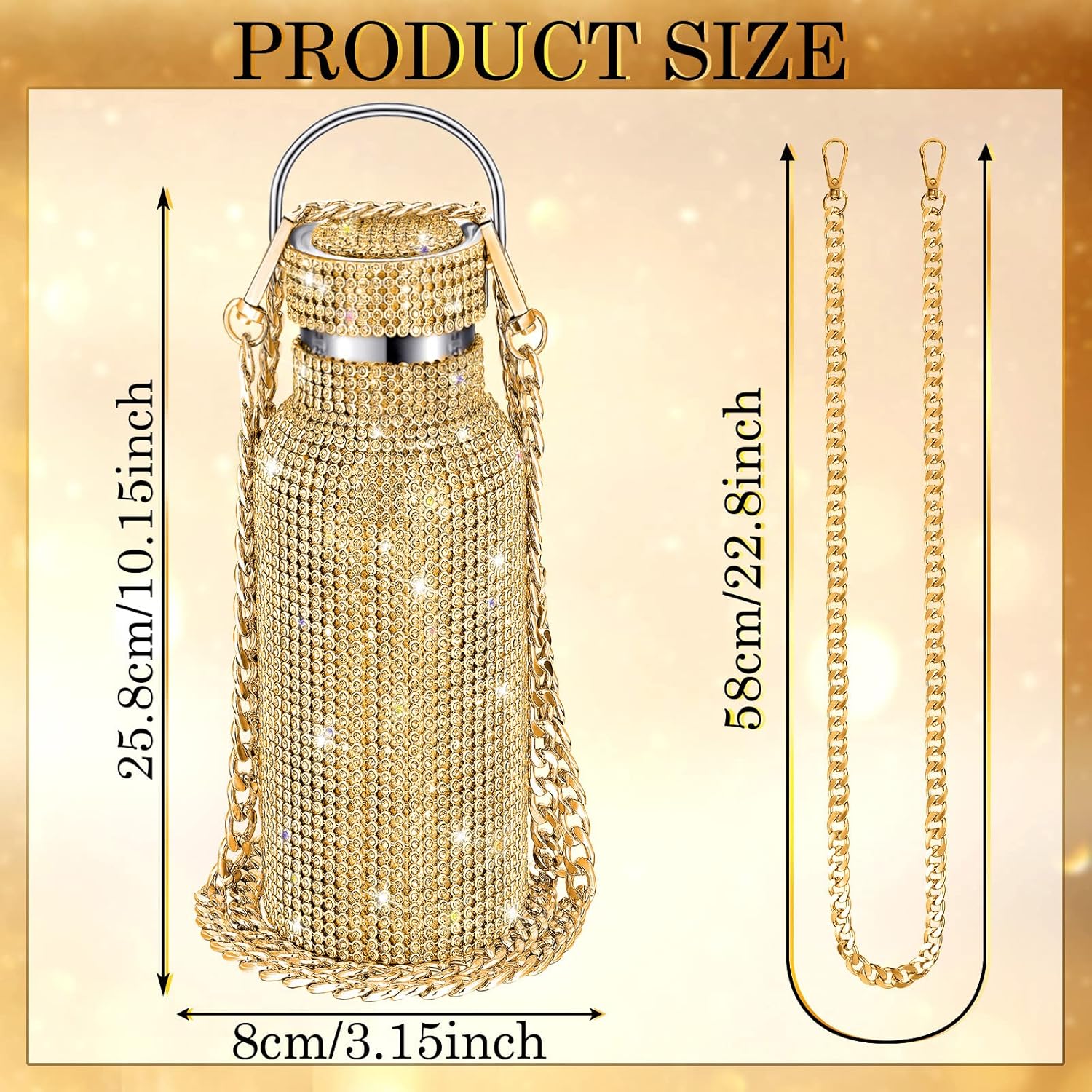 Botella térmica con Glitter de imitación con tapa | 750 ml | Aislado de acero inoxidable con diamantes de imitación de primera calidad | Color: Dorado