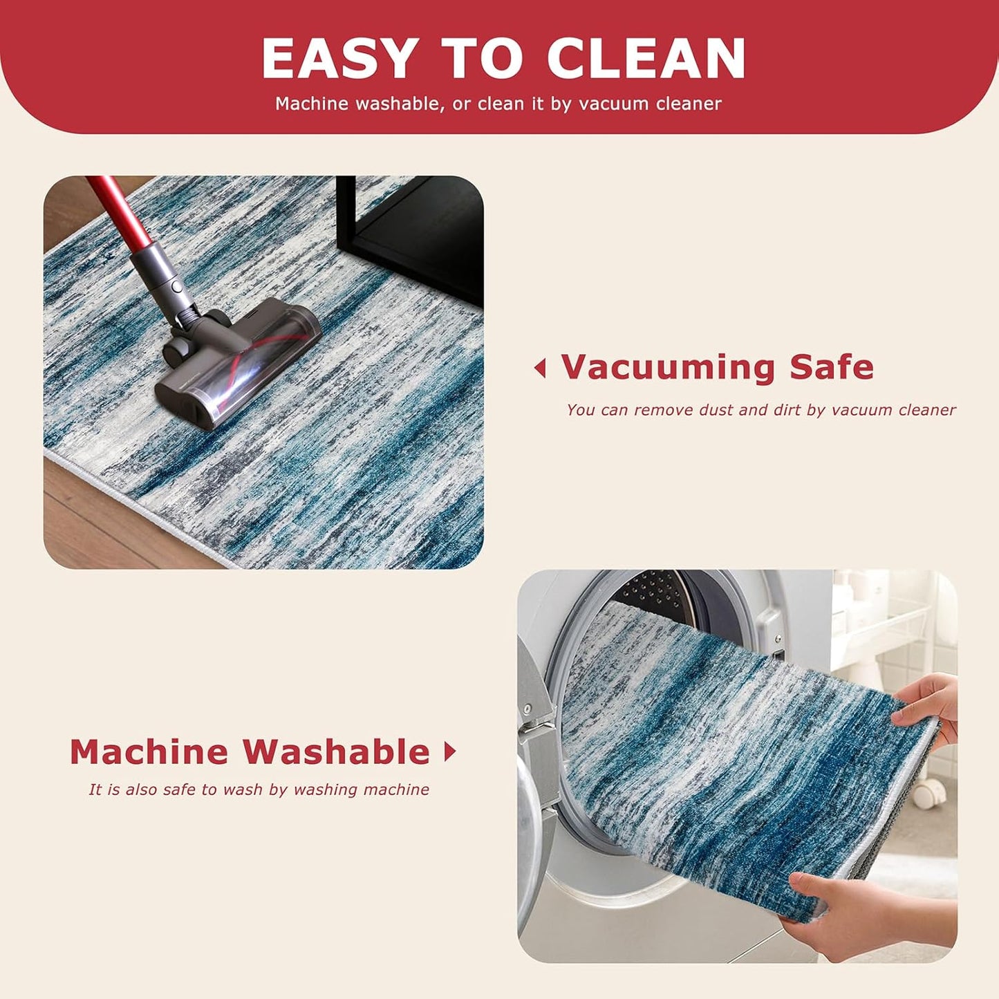 Alfombra de pasillo moderna y lavable | Diseño abstracto | Antideslizante y suave | Estampado a rayas azul