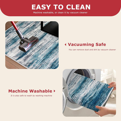 Alfombra de pasillo moderna y lavable | Diseño abstracto | Antideslizante y suave | Estampado a rayas azul