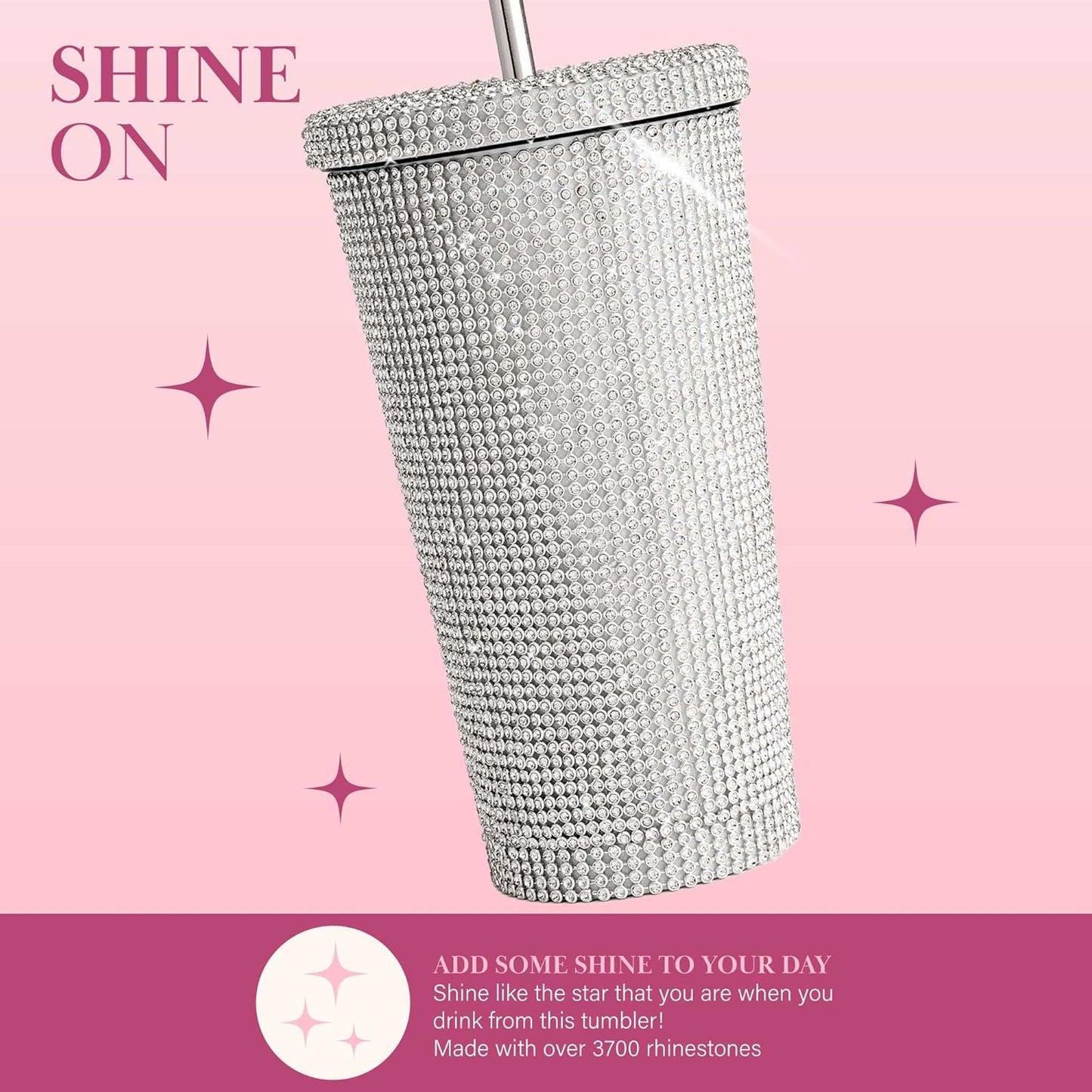 Original Paris Hilton Diamond Bling | Vaso de agua con tapa y popote | Acero inoxidable aislado al vacío | 3700 diamantes de imitación | 500 ml | Color: plateado