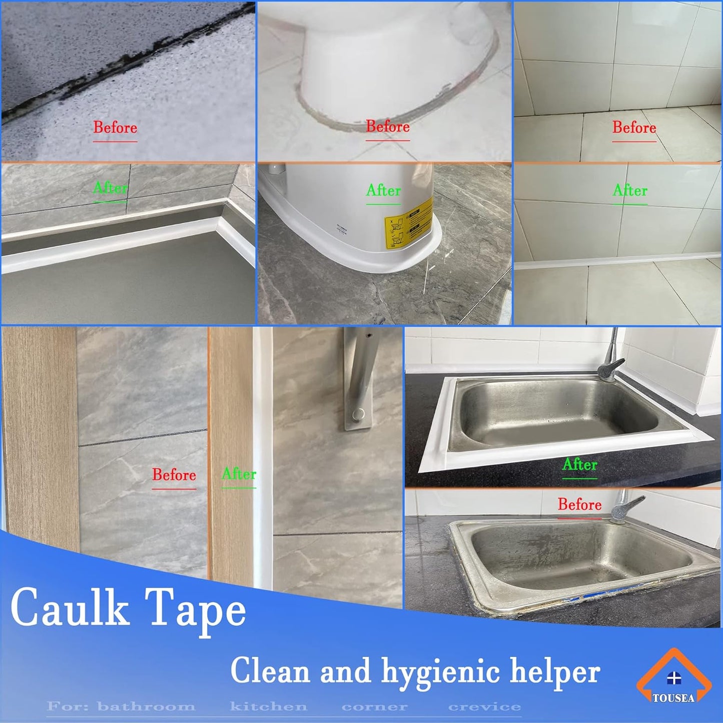 Tira de calafateo blanca | Cinta autoadhesiva de 1.5 x 10.5 pies para baño | Inodoro | Mesada de cocina | Protector de borde de pared de bañera