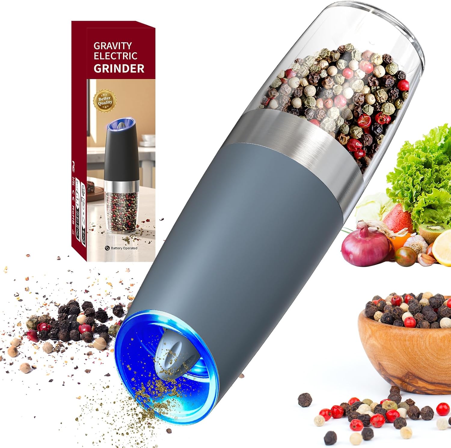 Set de Molinillos Eléctricos de Sal y Pimienta Automáticos con Luz LED, Ajuste de Grosor y Gran Capacidad – Operación por Gravedad, Cocina y BBQ
