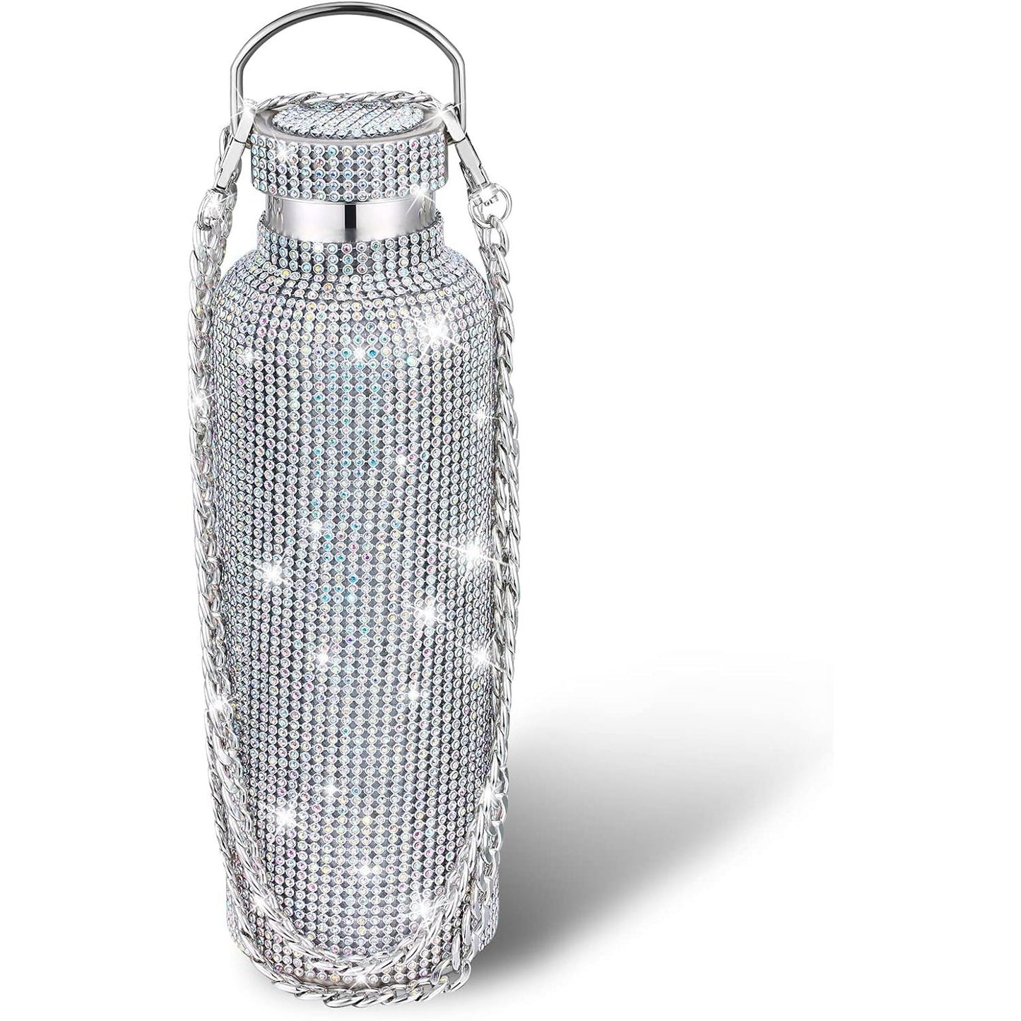 Botella térmica con diamantes de imitación con tapa | 750 ml | Aislado de acero inoxidable con diamantes de imitación de primera calidad | Color: Plata