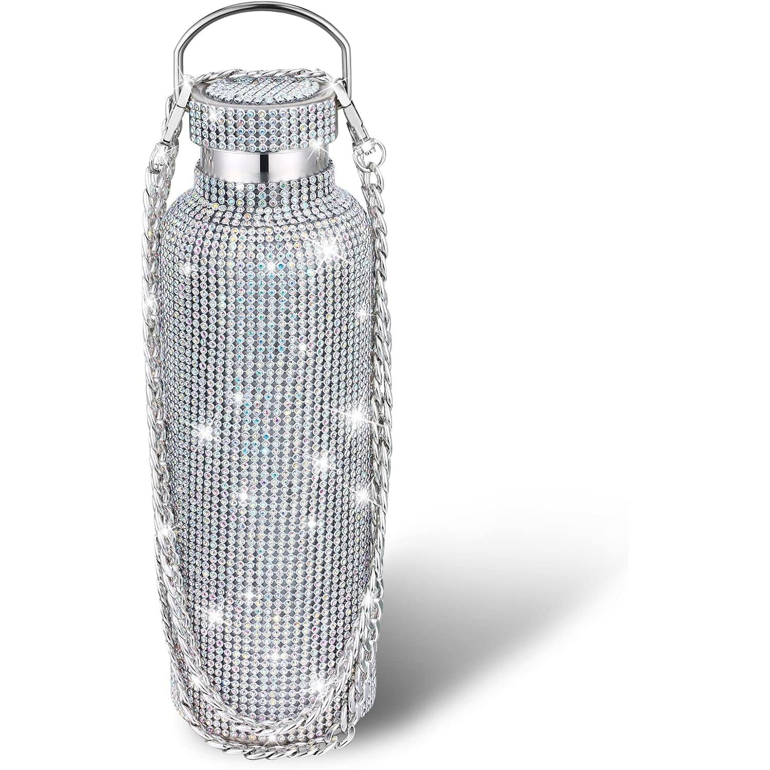 Botella térmica con diamantes de imitación con tapa | 750 ml | Aislado de acero inoxidable con diamantes de imitación de primera calidad | Color: Plata