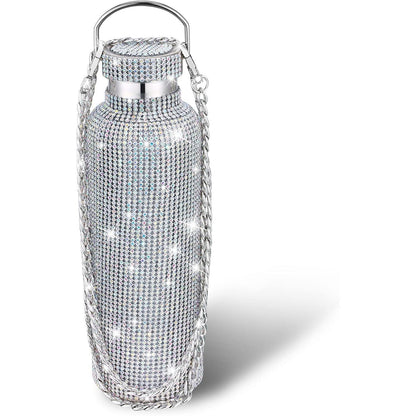 Botella térmica con diamantes de imitación con tapa | 750 ml | Aislado de acero inoxidable con diamantes de imitación de primera calidad | Color: Plata