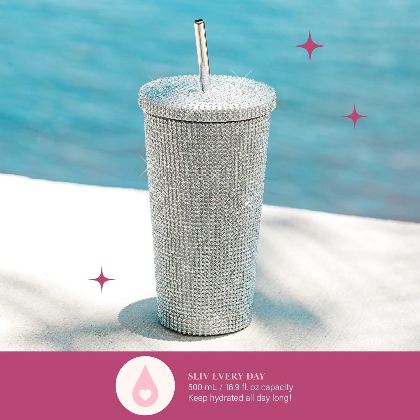 Original Paris Hilton Diamond Bling | Vaso de agua con tapa y popote | Acero inoxidable aislado al vacío | 3700 diamantes de imitación | 500 ml | Color: plateado