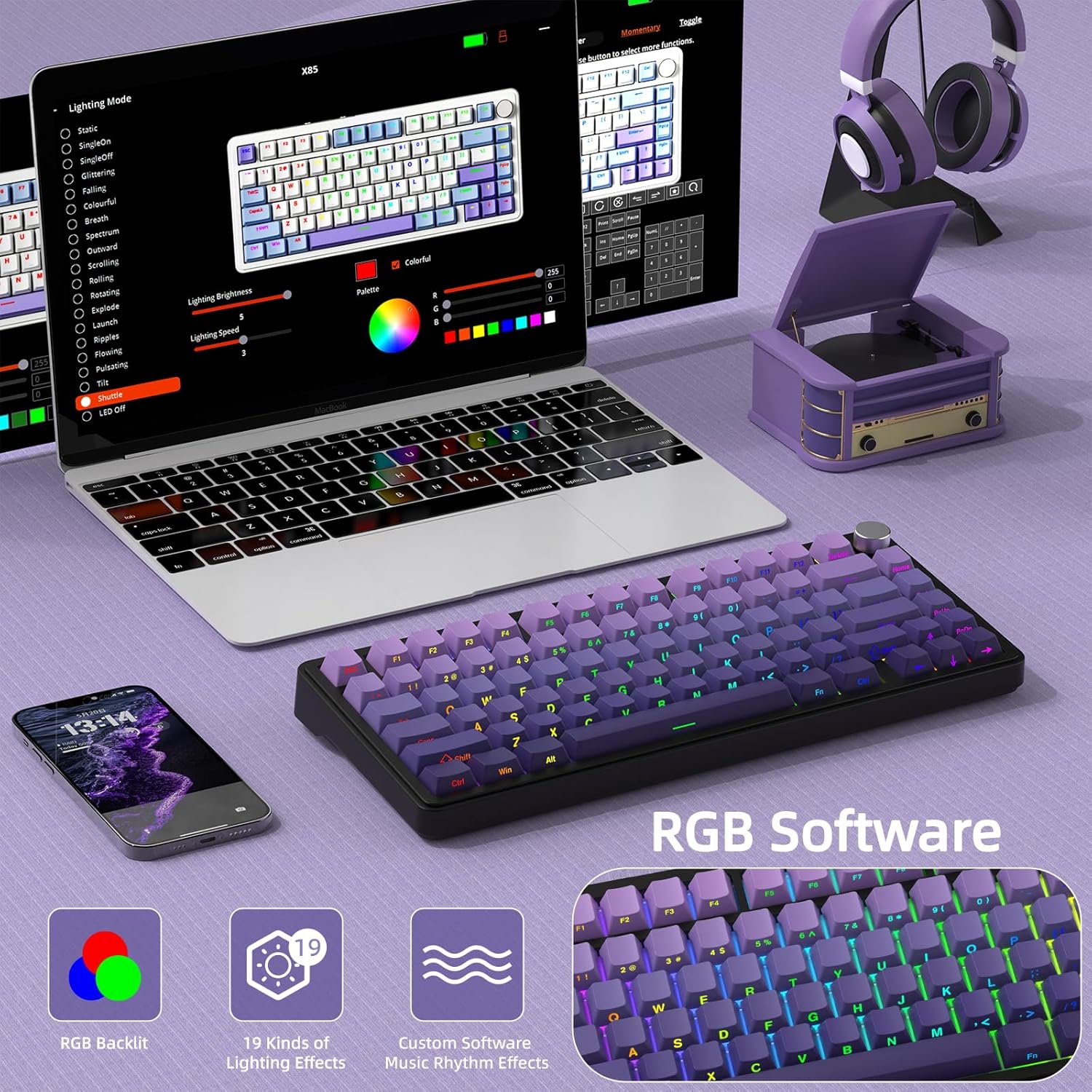 Teclado mecánico inalámbrico para juegos con perilla intercambiable | Color: Violeta