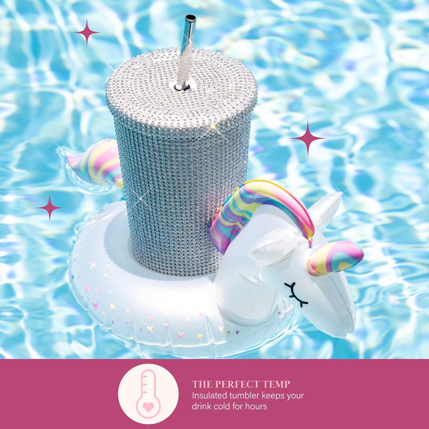 Original Paris Hilton Diamond Bling | Vaso de agua con tapa y popote | Acero inoxidable aislado al vacío | 3700 diamantes de imitación | 500 ml | Color: plateado