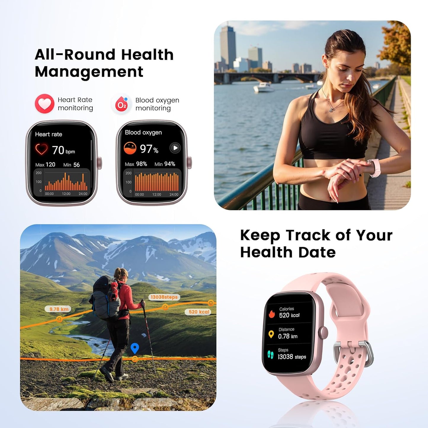 Smartwatch con respuesta de llamada | Reloj inteligente 1.96 pulgadas unisex | Actividad física con monitor de frecuencia cardíaca y sueño | Reloj deportivo | Impermeable | Color: Rosa