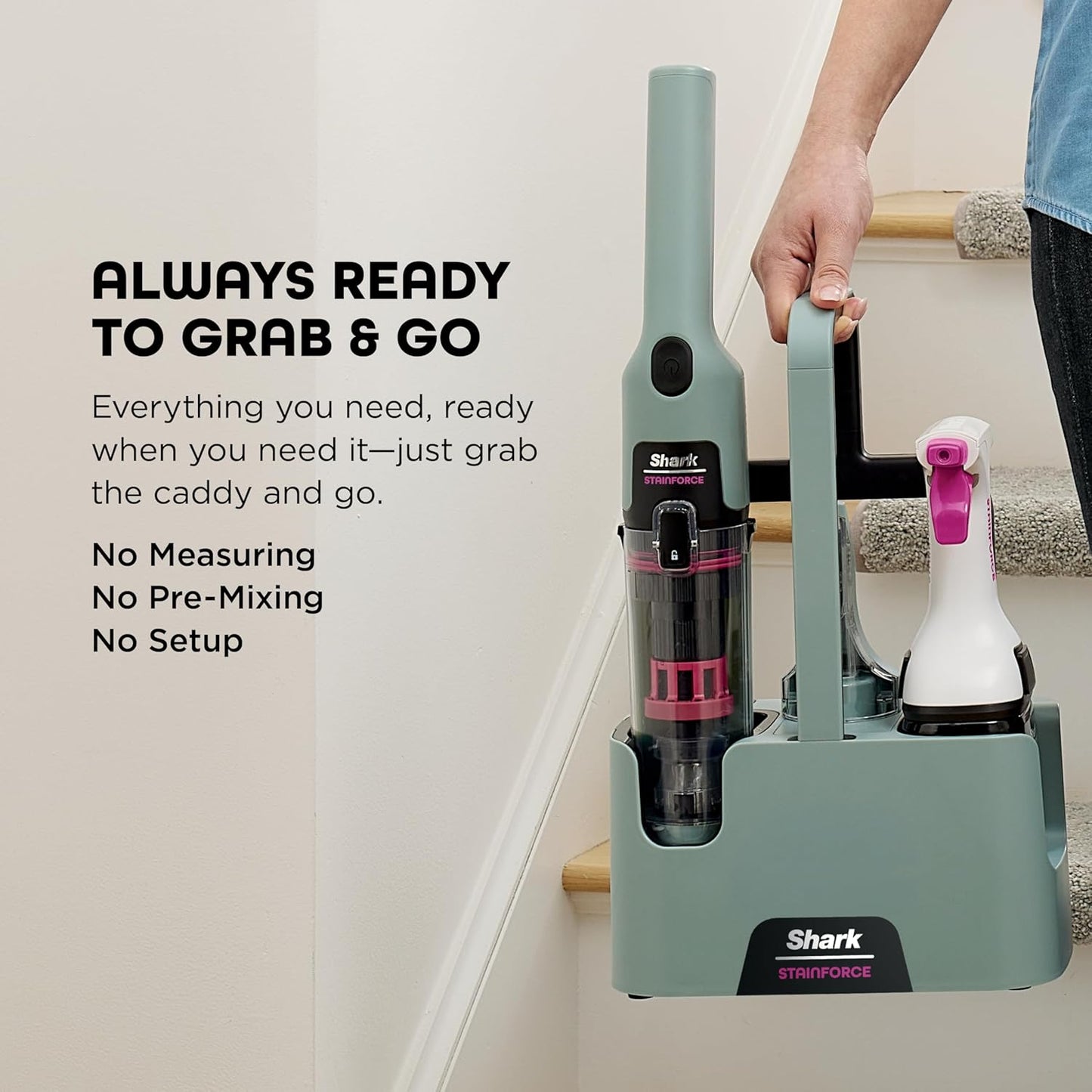 Shark StainForce HX101 Limpiador Portátil Inalámbrico de Manchas y Olores | Succión Potente, Fórmula 30x Más Eficaz, Alfombras, Tapizados, Escaleras, Incluye Caddy y Solución de Limpieza