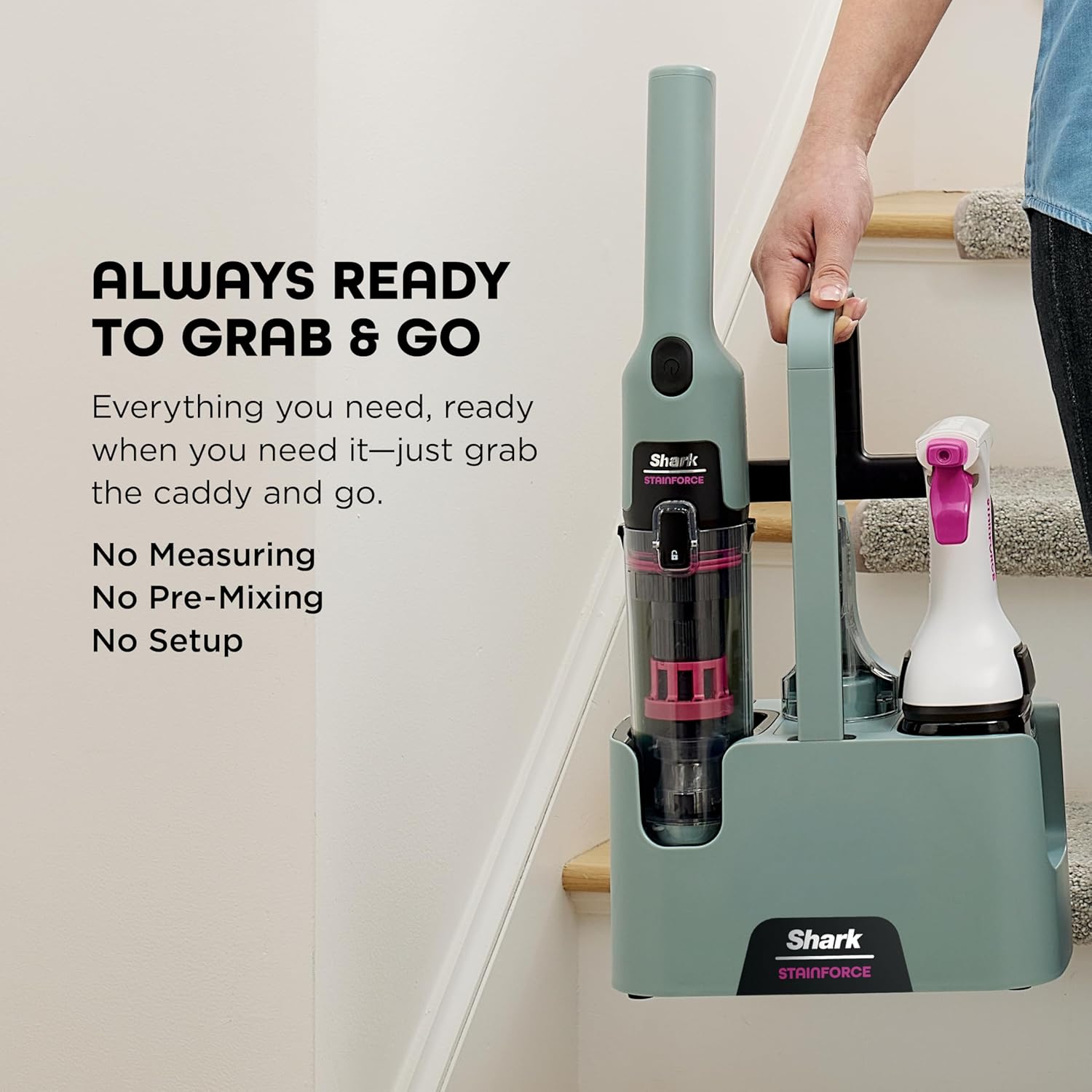 Shark StainForce HX101 Limpiador Portátil Inalámbrico de Manchas y Olores | Succión Potente, Fórmula 30x Más Eficaz, Alfombras, Tapizados, Escaleras, Incluye Caddy y Solución de Limpieza