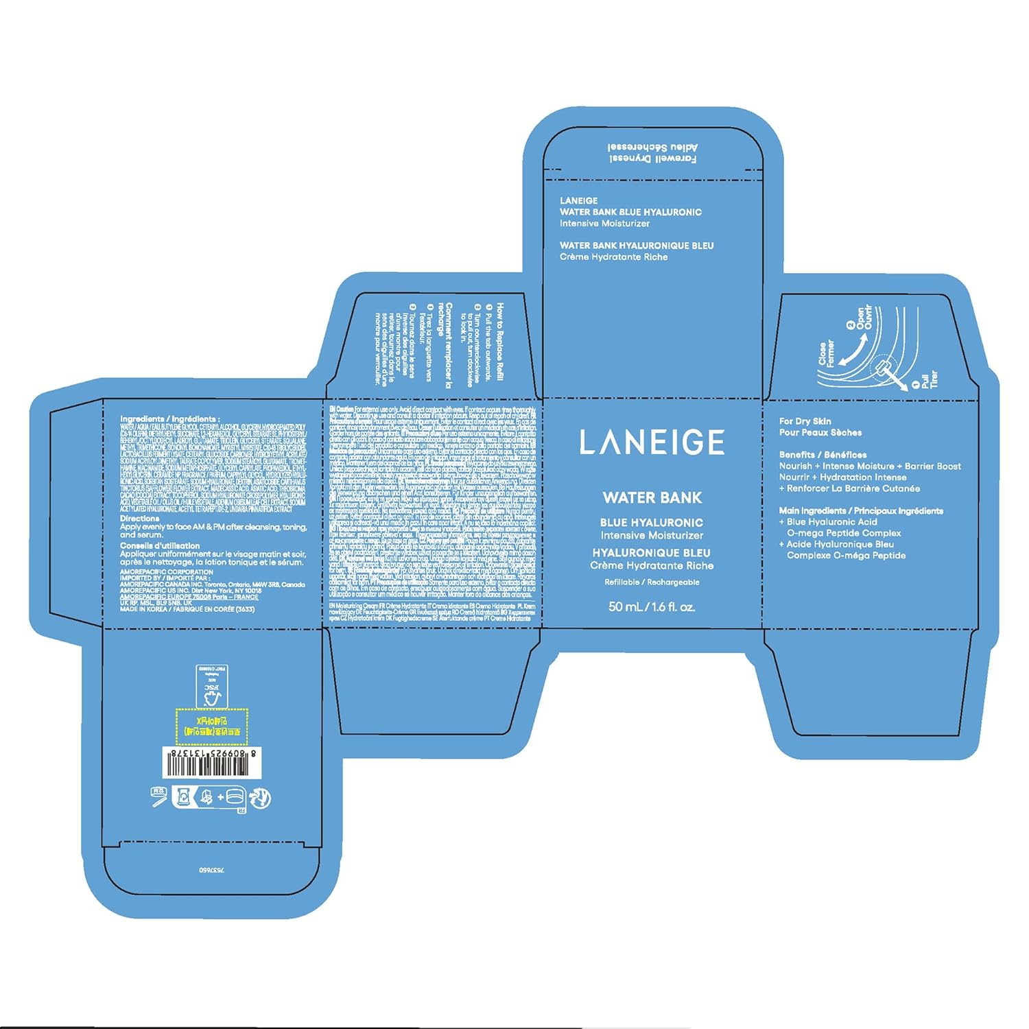 LANEIGE Crema hidratante de agua con Acido hialurónico intensivo con Peptidos + Escualano: piel propensa al eczema, refuerzo de barreras, nutrición, sequedad