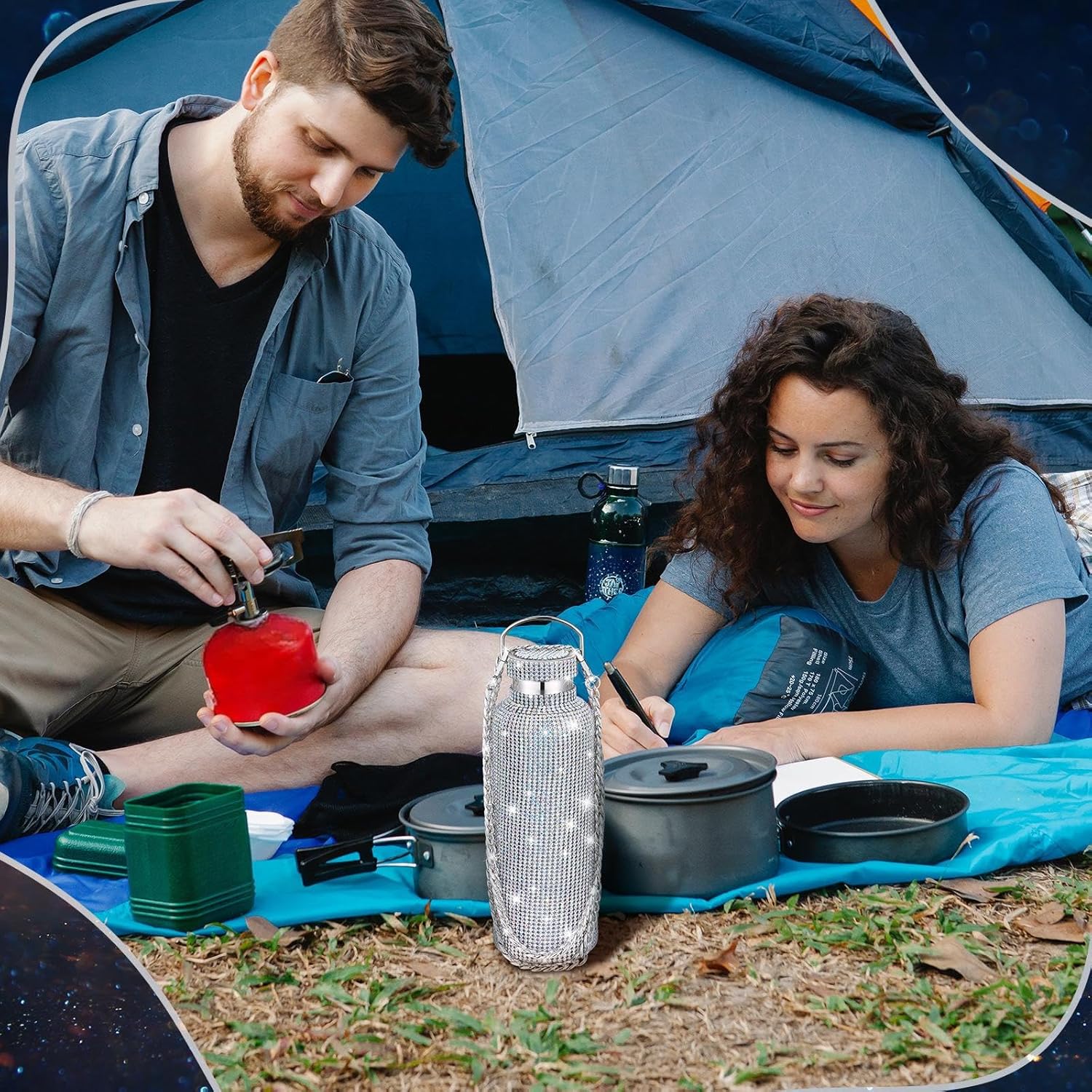 Botella térmica con diamantes de imitación con tapa | 750 ml | Aislado de acero inoxidable con diamantes de imitación de primera calidad | Color: Plata