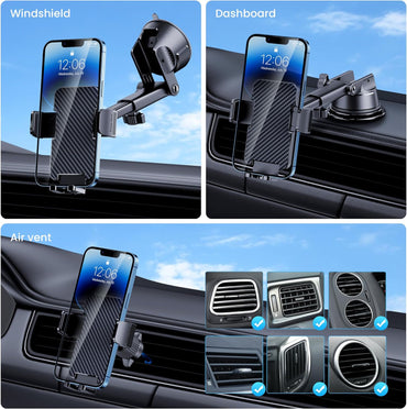 Soporte de Celular para Auto 3-en-1 GUWEZ (2025) — Ventosa Grado Militar, Tablero / Parabrisas / Rejilla | Rotación 360° & Brazo 270° | iPhone & Android (4.0″–7.1″)