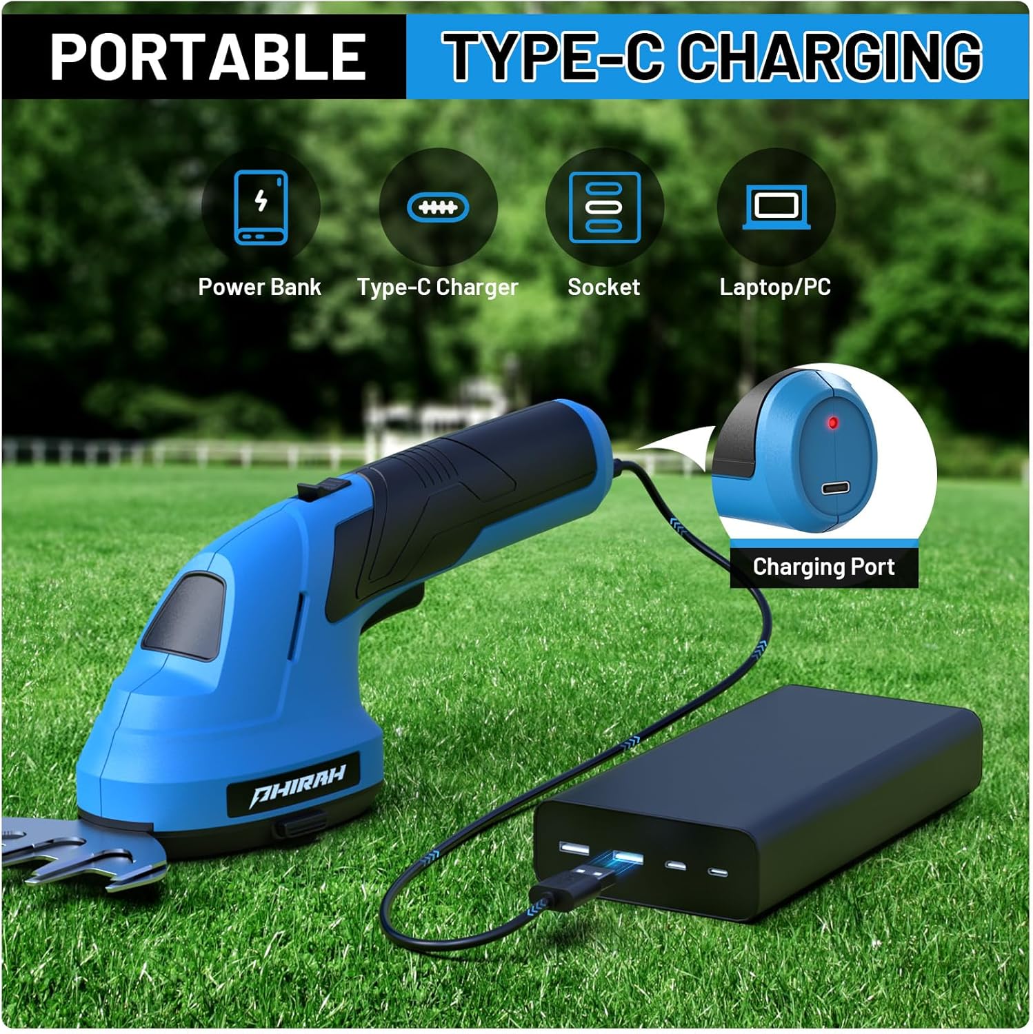 PHIRAH Cortasetos y Tijera de Césped Inalámbrica 7.2V 2 en 1 | Mini Podadora Recargable con Batería 2000mAh y Cargador USB – Para Arbustos, Bordes de Césped y Jardinería
