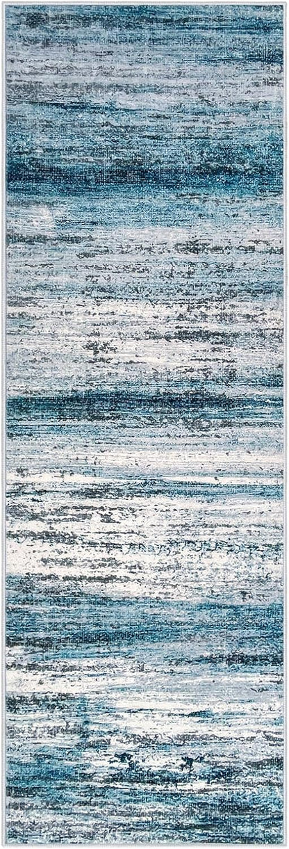 Alfombra de pasillo moderna y lavable | Diseño abstracto | Antideslizante y suave | Estampado a rayas azul