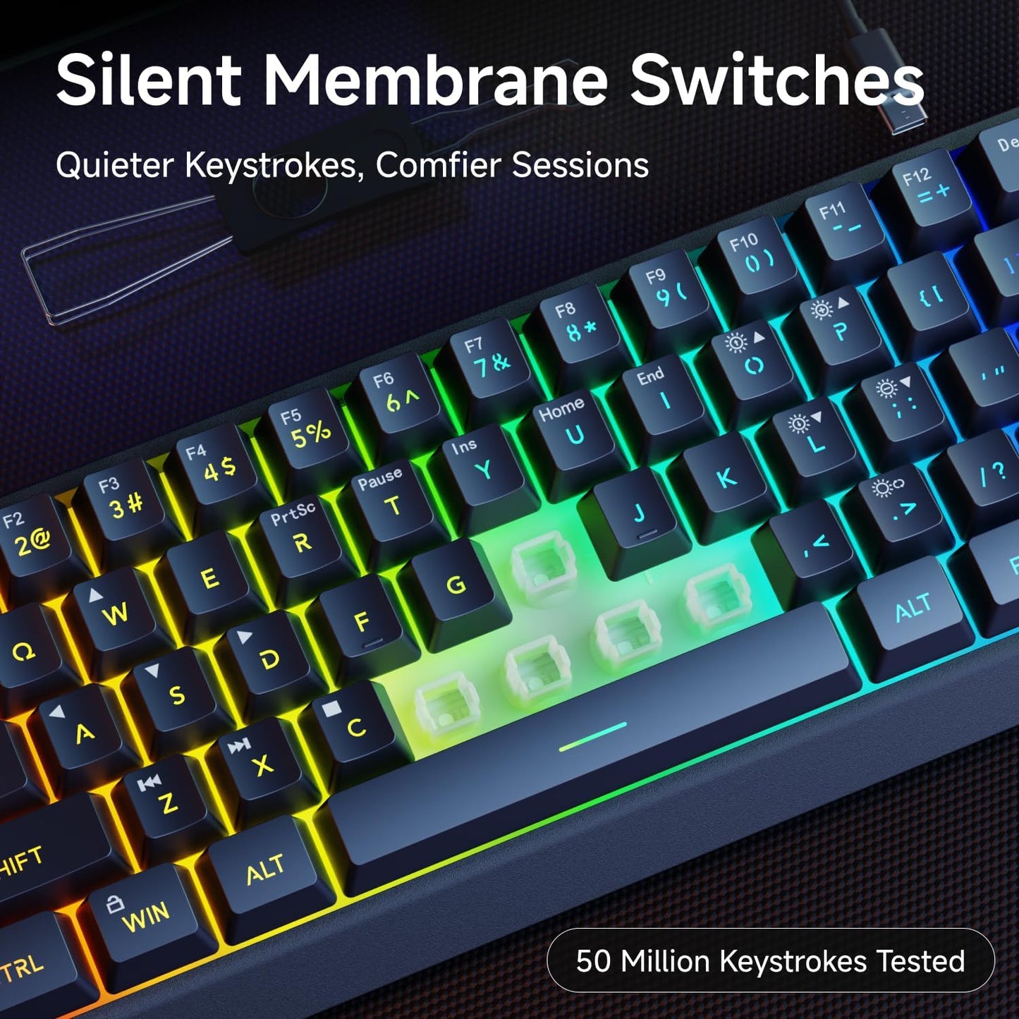 Teclado con cable al 60% | Retroiluminado RGB | Con teclas PBT | Diseño compacto | Con cable con cordón para Mac/Win | Color: Negro