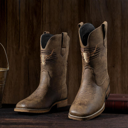Botas vaqueras toro con punta cuadrada | Botas patriotas de cuero genuino con bordado clásico