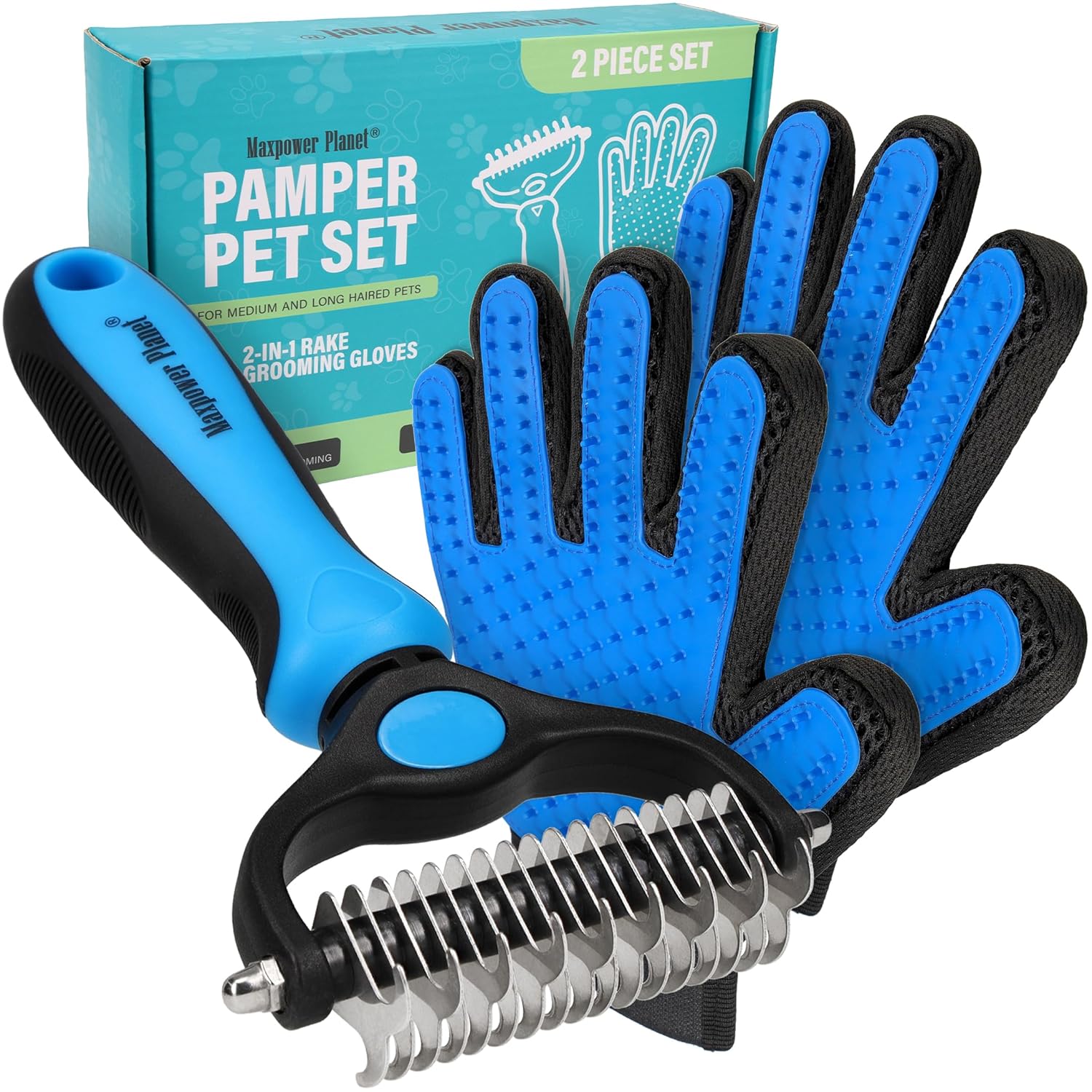 Maxpower Planet Rastrillo de Aseo para Mascotas | Herramienta 2 en 1 Deslanado & Desenredado | Cepillo Profesional para Perros y Gatos de Pelo Largo y Doble Capa – Reduce la Muda hasta un 95%