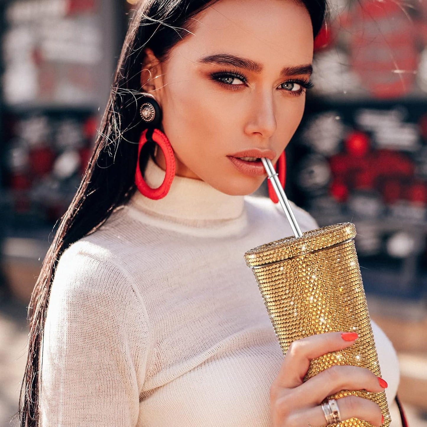 Vaso térmico con diamantes de imitación con tapa | 500 ml | Aislado de acero inoxidable con diamantes de imitación de primera calidad | Color: Dorado