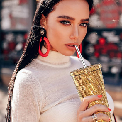 Vaso térmico con diamantes de imitación con tapa | 500 ml | Aislado de acero inoxidable con diamantes de imitación de primera calidad | Color: Dorado