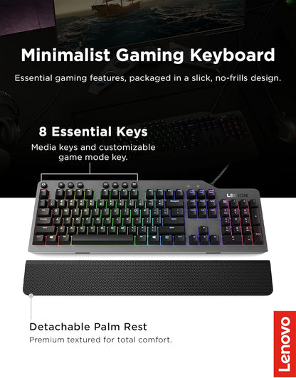 Lenovo Legion K500 Teclado Mecánico Gamer RGB – Diseño Minimalista, Switches Rojos, Descanso para Muñeca Desmontable