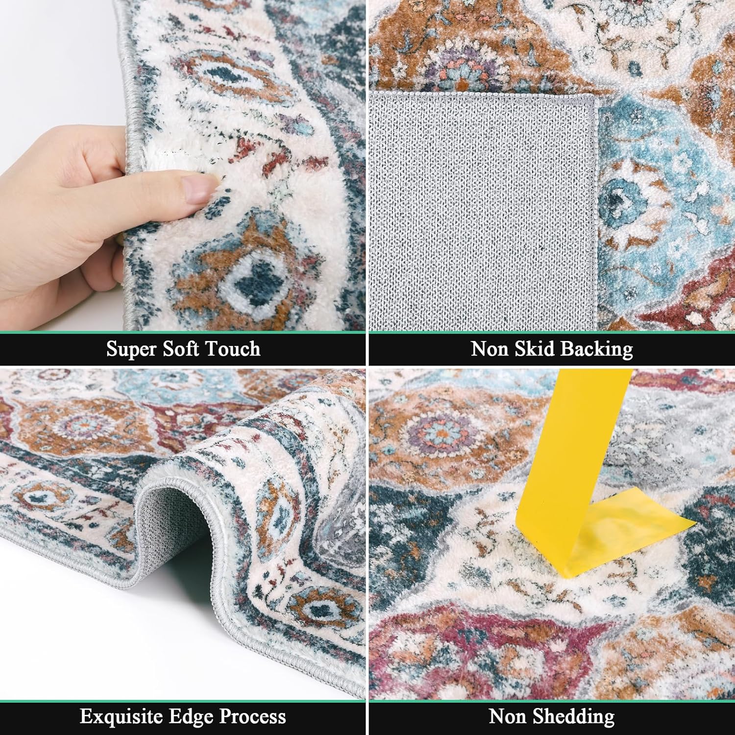 Alfombra de pasillo de 2 pies x 8 pies | Lavable, vintage, antideslizante | Diseño rombos