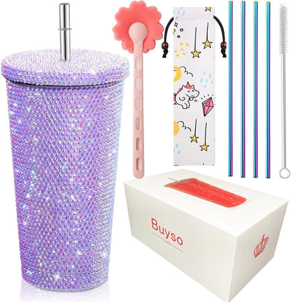 Vaso térmico con diamantes de imitación con tapa | 500 ml | Aislado de acero inoxidable con diamantes de imitación de primera calidad | Color: Lila