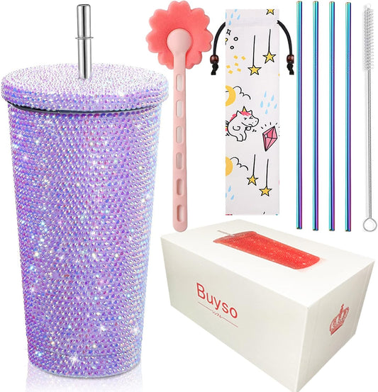 Vaso térmico con diamantes de imitación con tapa | 500 ml | Aislado de acero inoxidable con diamantes de imitación de primera calidad | Color: Lila