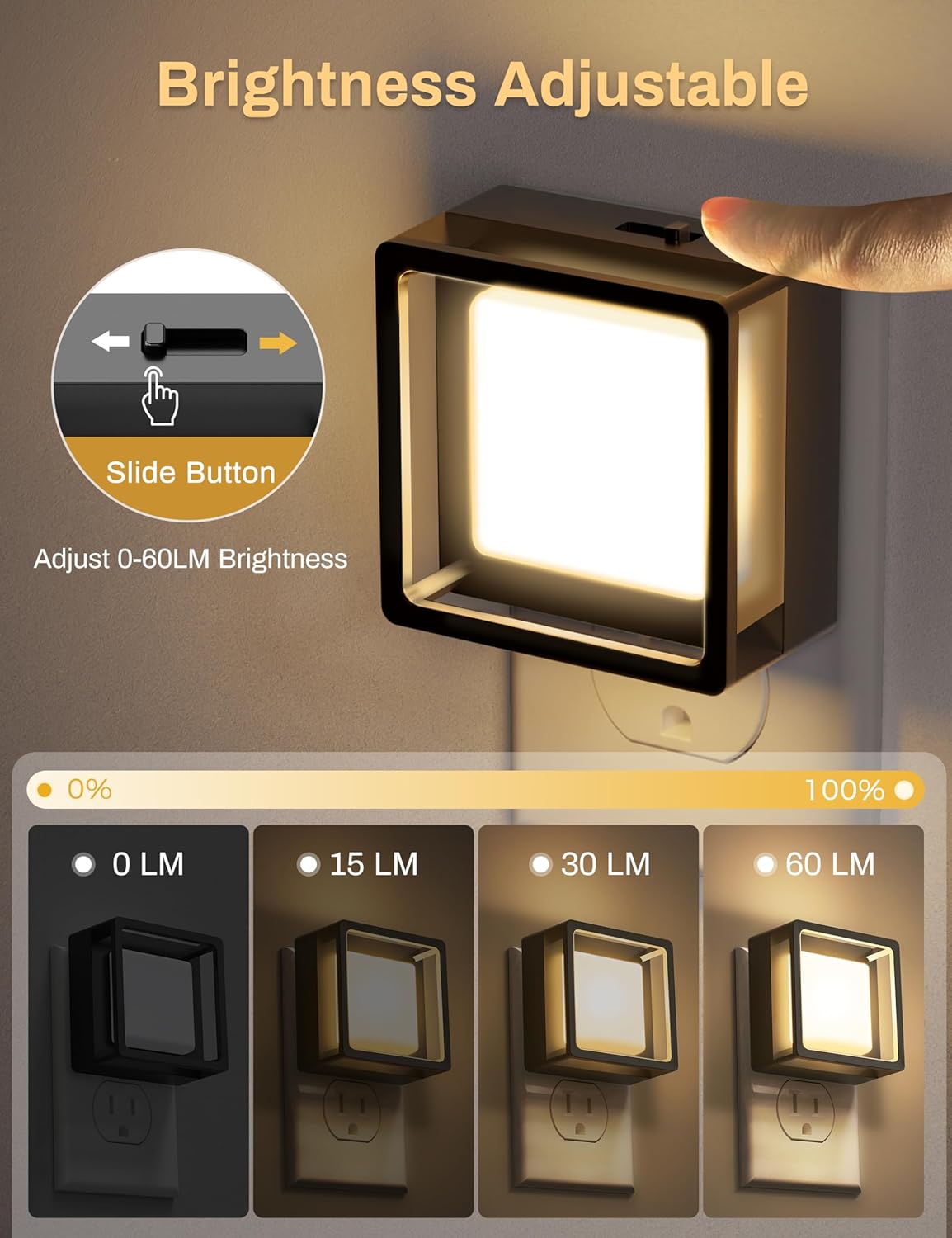 Luz Nocturna LED con Sensor Crepuscular [Pack x2] | Enchufable a Pared, Regulable de 0 a 60 lm, Ahorro Energético, para Dormitorio, Baño, Pasillo, Escaleras y Cuarto Infantil – Luz Blanca Suave