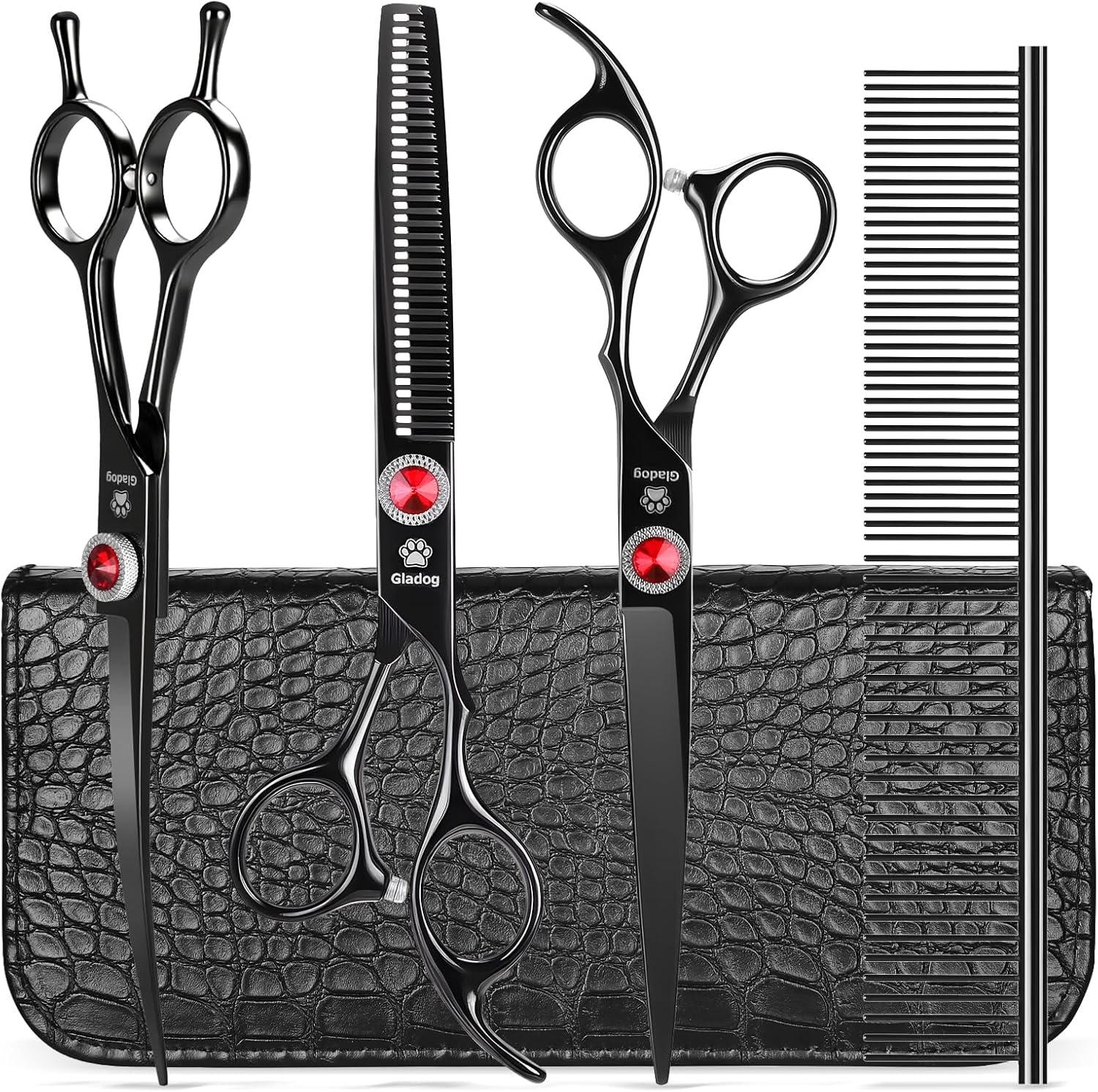 GLADOG Kit Tijeras de Grooming 5 en 1 para Perros y Gatos | Tijeras de Acero Inoxidable con Puntas Redondeadas + Peine y Estuche