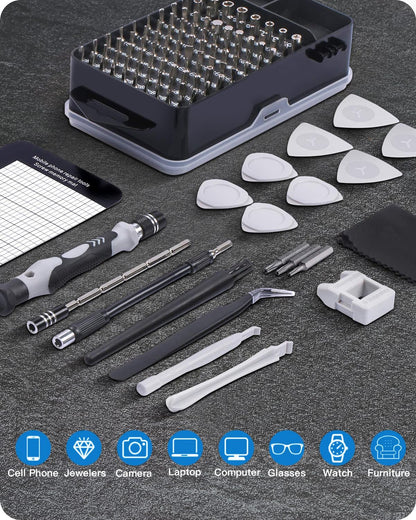 Kit de Destornilladores de Precisión 122 en 1 con 101 Puntas Magnéticas y 21 Herramientas – Set de Reparación Electrónica para Laptop, PC, iPhone, Tablet, PS4, Xbox, Drones y Más