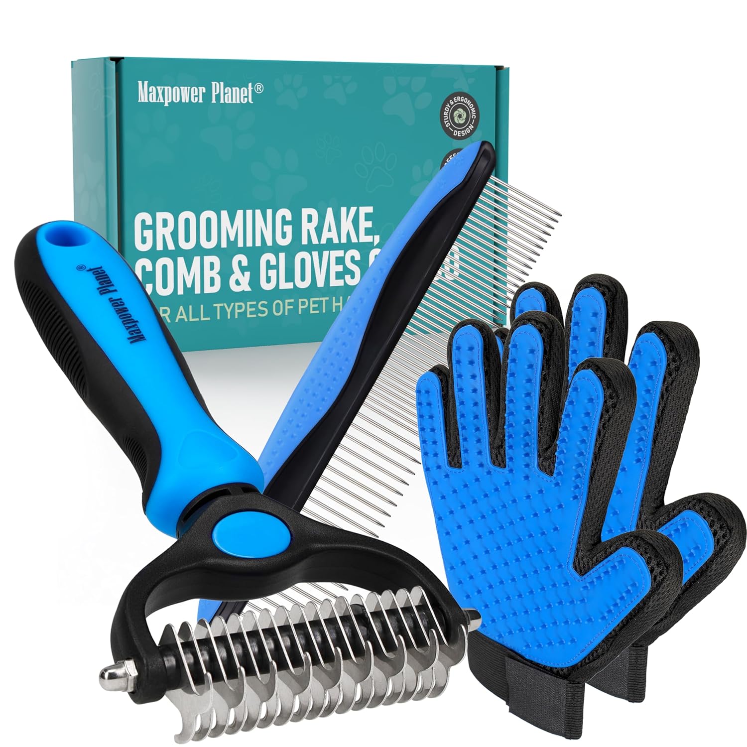 Maxpower Planet Rastrillo de Aseo para Mascotas | Herramienta 2 en 1 Deslanado & Desenredado | Cepillo Profesional para Perros y Gatos de Pelo Largo y Doble Capa – Reduce la Muda hasta un 95%