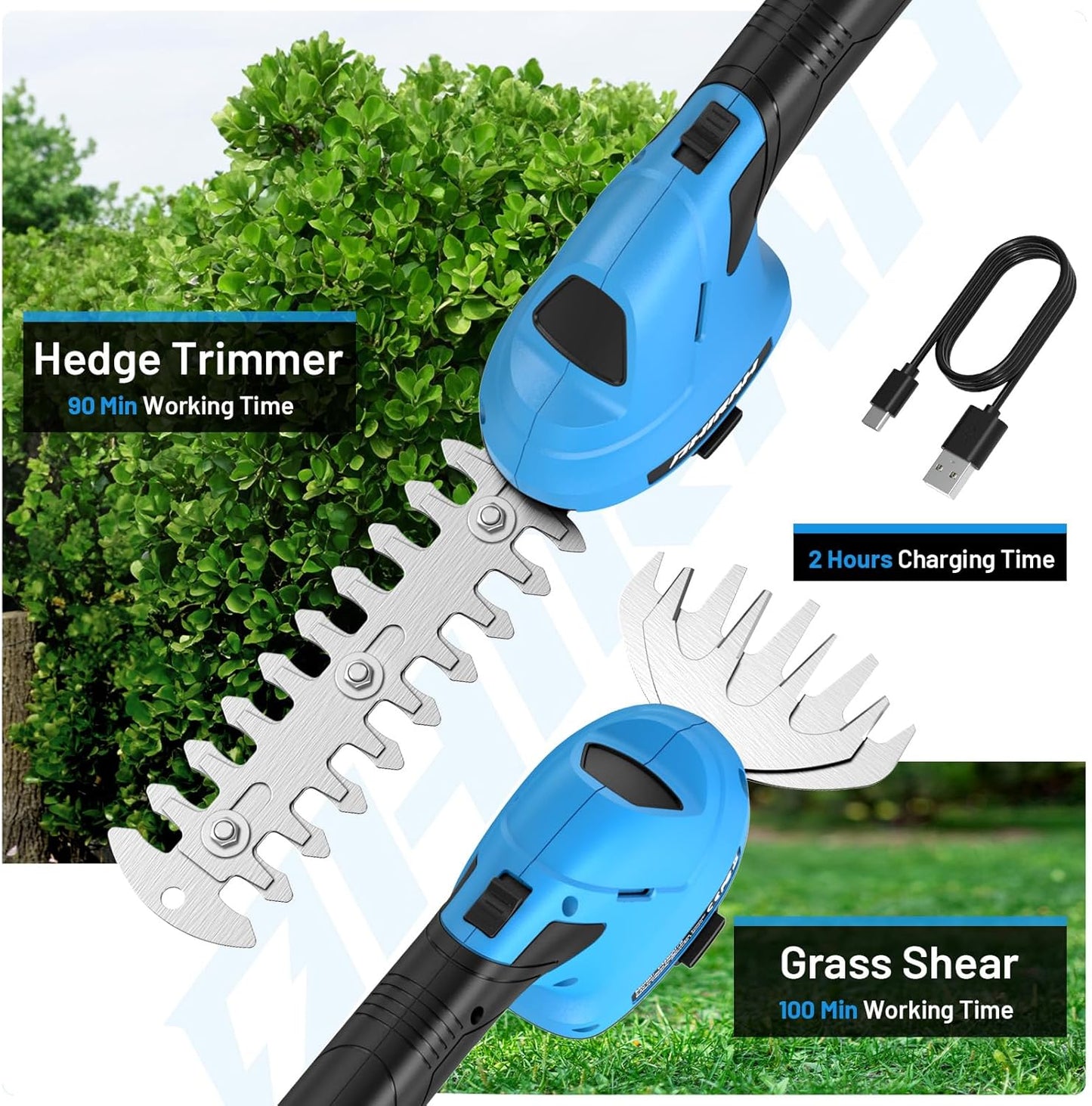 PHIRAH Cortasetos y Tijera de Césped Inalámbrica 7.2V 2 en 1 | Mini Podadora Recargable con Batería 2000mAh y Cargador USB – Para Arbustos, Bordes de Césped y Jardinería