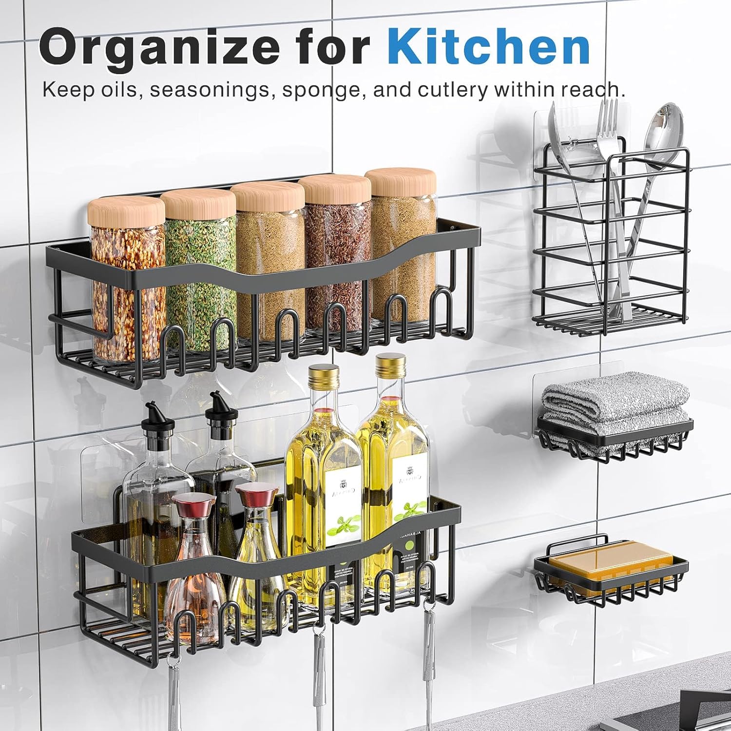 Organizador de Ducha Adhesivo 5 en 1, Estantes de Acero Inoxidable Antióxido XL, Sin Taladro, con Porta Jabón y Porta Cepillos de Dientes
