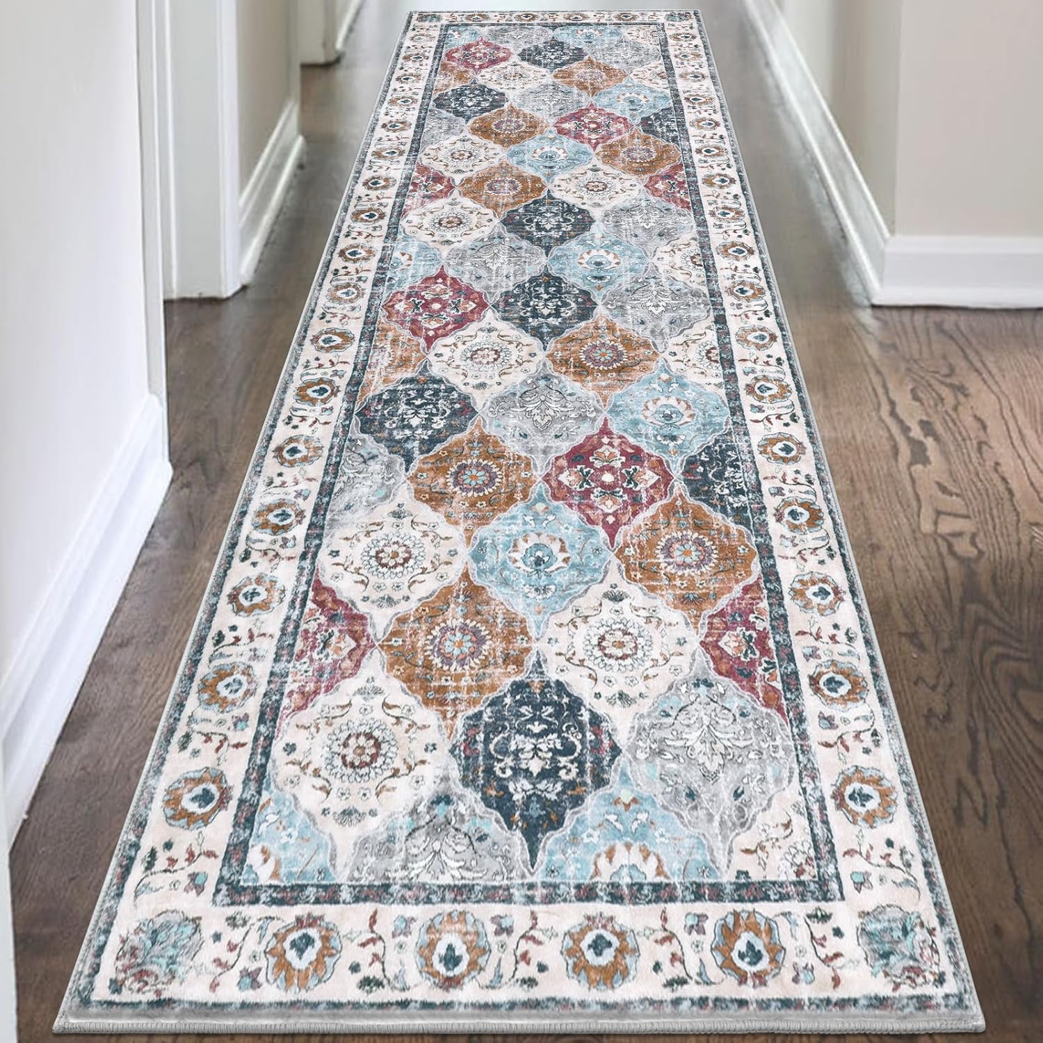 Alfombra de pasillo de 2 pies x 8 pies | Lavable, vintage, antideslizante | Diseño rombos