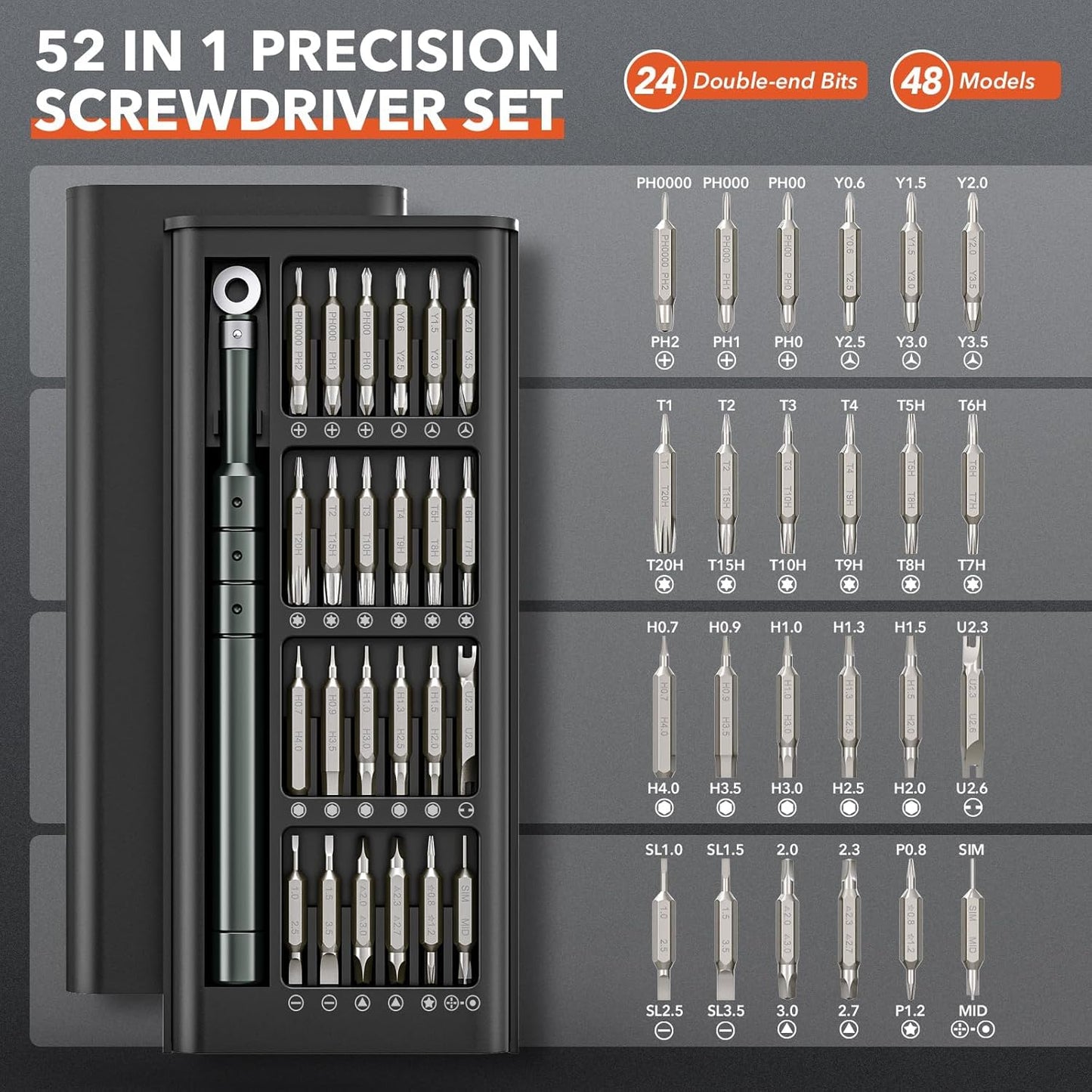 Juego de Destornilladores de Precisión 52 en 1 – Kit de Reparación Mini con Puntas Torx y CRV para MacBook, Laptop, iPhone, PS5, Xbox, Switch, Gafas, Relojes y Electrónicos – Regalo Compacto para Hombres