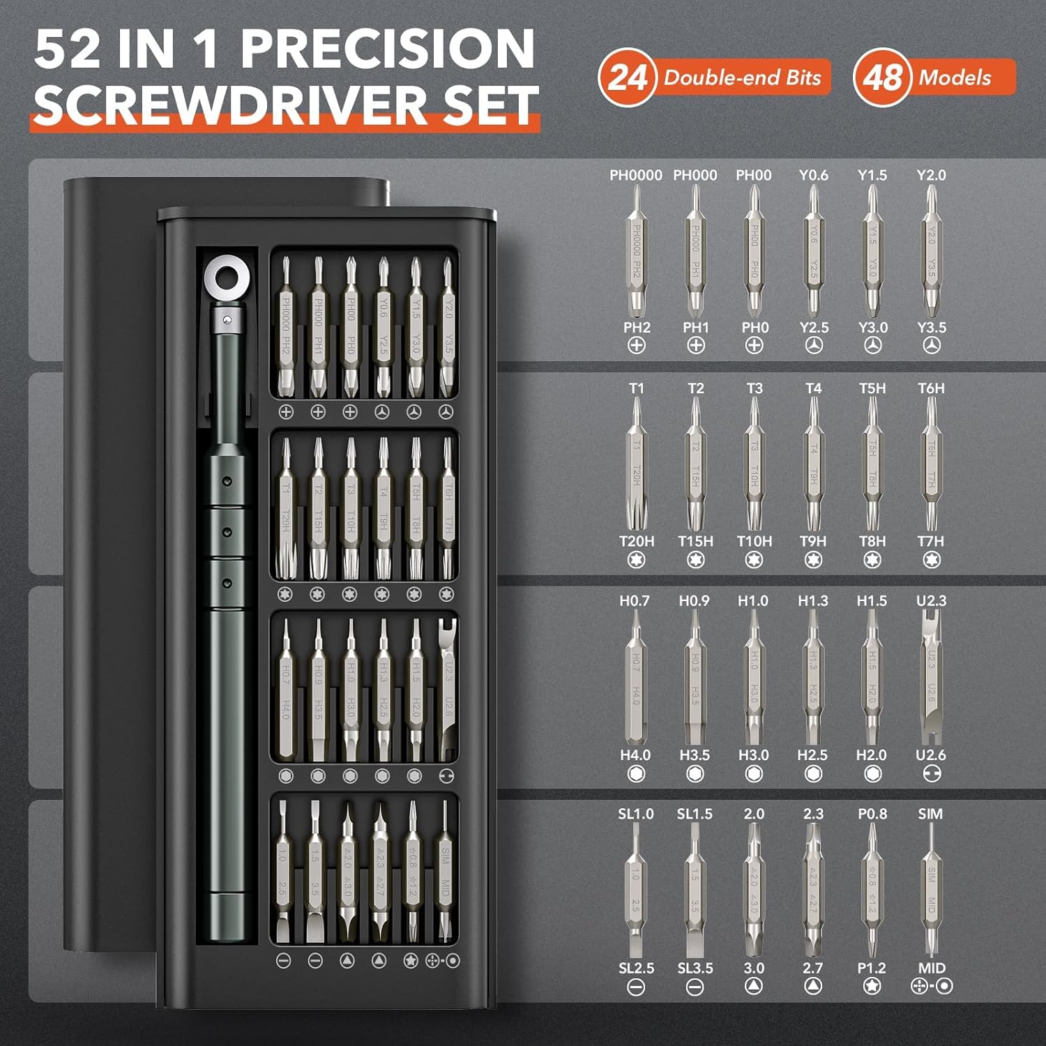 Juego de Destornilladores de Precisión 52 en 1 – Kit de Reparación Mini con Puntas Torx y CRV para MacBook, Laptop, iPhone, PS5, Xbox, Switch, Gafas, Relojes y Electrónicos – Regalo Compacto para Hombres