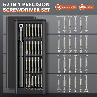 Juego de Destornilladores de Precisión 52 en 1 – Kit de Reparación Mini con Puntas Torx y CRV para MacBook, Laptop, iPhone, PS5, Xbox, Switch, Gafas, Relojes y Electrónicos – Regalo Compacto para Hombres
