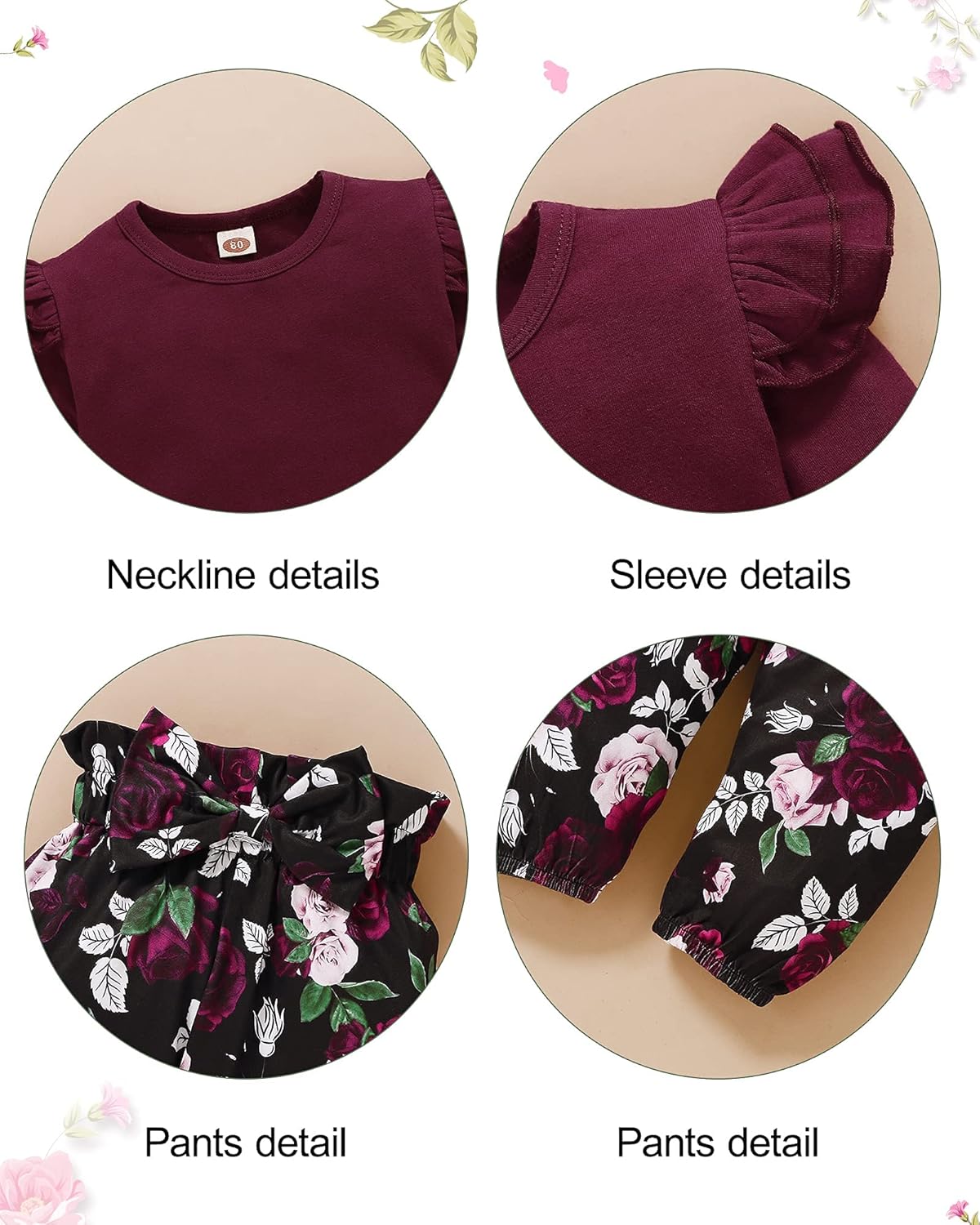 3 piezas de ropa para niña color liso | Manga larga + Pantalones florales + diadema | 1-6 años | conjunto de otoño/invierno