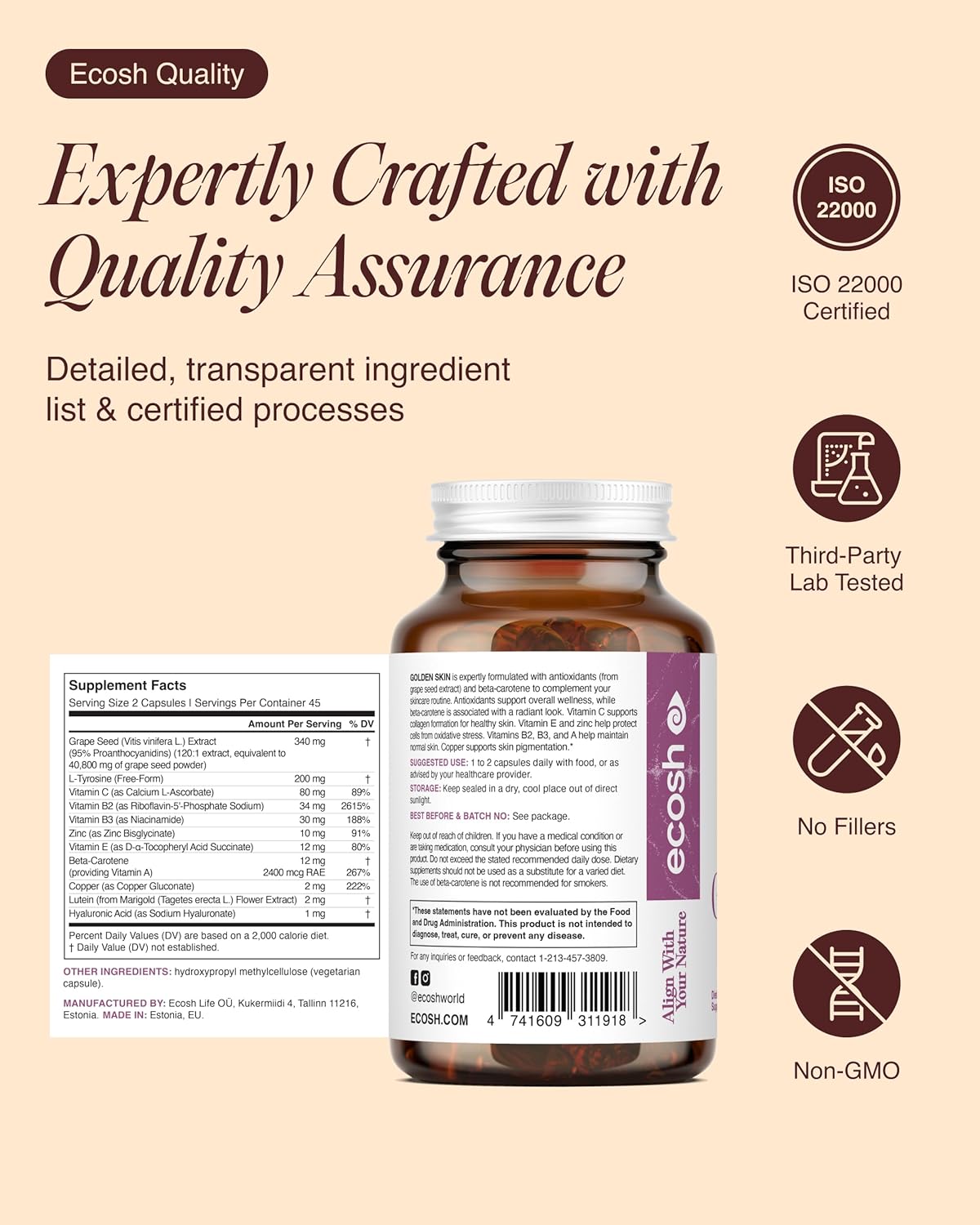 Suplemento bronceado Golden Skin para mujeres y hombres | Potentes píldoras bronceadoras con betacaroteno, luteína y L-tirosina para la salud de la piel | Suplemento antioxidante natural y vitaminas