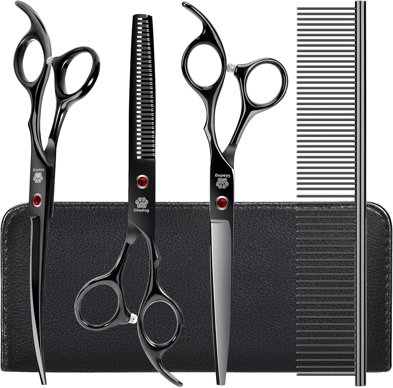 GLADOG Kit Tijeras de Grooming 5 en 1 para Perros y Gatos | Tijeras de Acero Inoxidable con Puntas Redondeadas + Peine y Estuche
