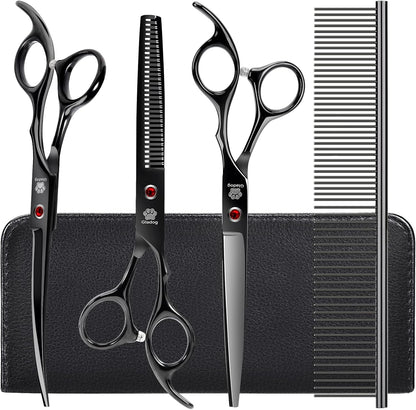 GLADOG Kit Tijeras de Grooming 5 en 1 para Perros y Gatos | Tijeras de Acero Inoxidable con Puntas Redondeadas + Peine y Estuche